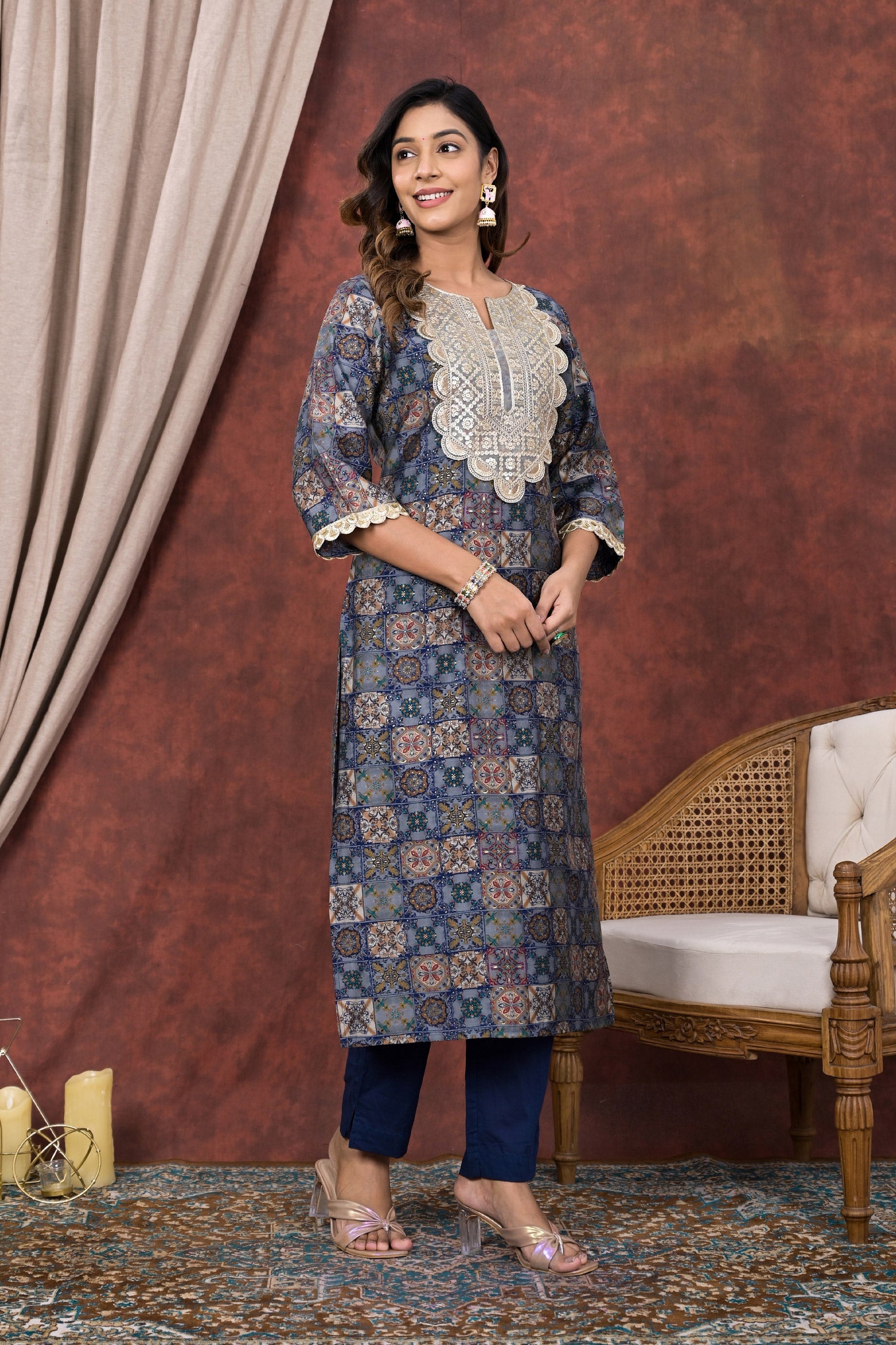 Exclusive Blue Digital Print Modal Chanderi Kurta Pant Set