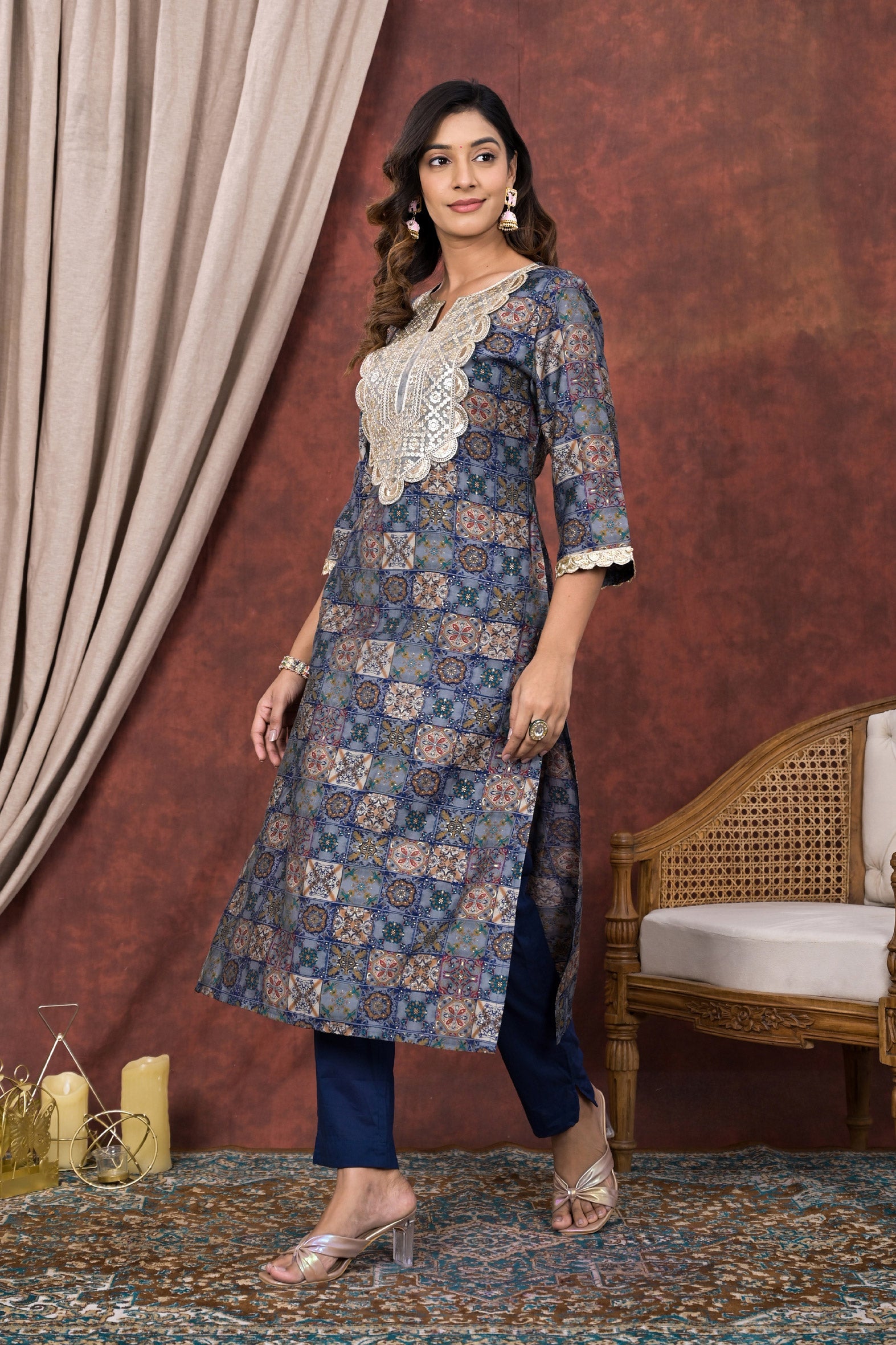 Exclusive Blue Digital Print Modal Chanderi Kurta Pant Set