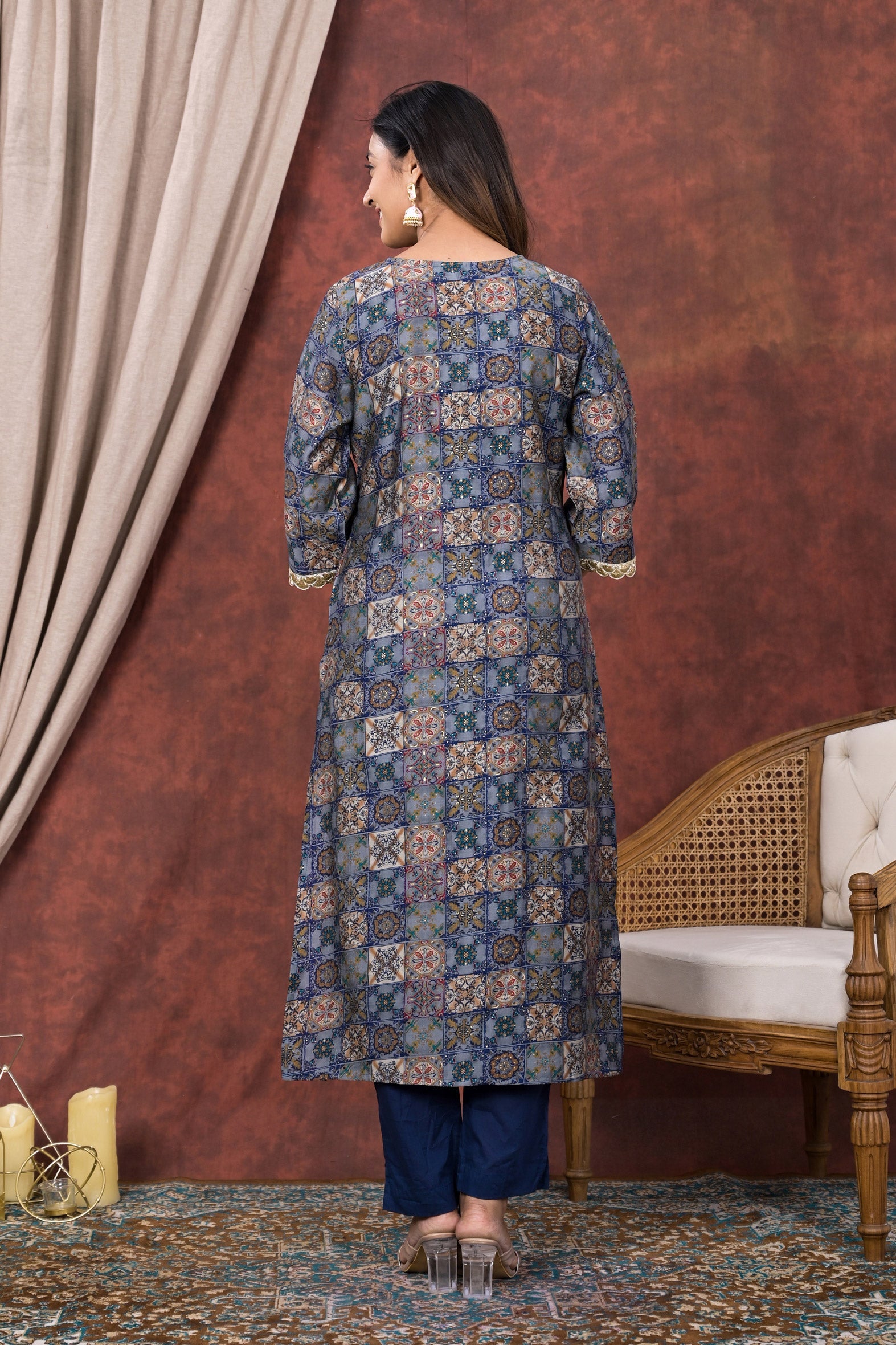 Exclusive Blue Digital Print Modal Chanderi Kurta Pant Set