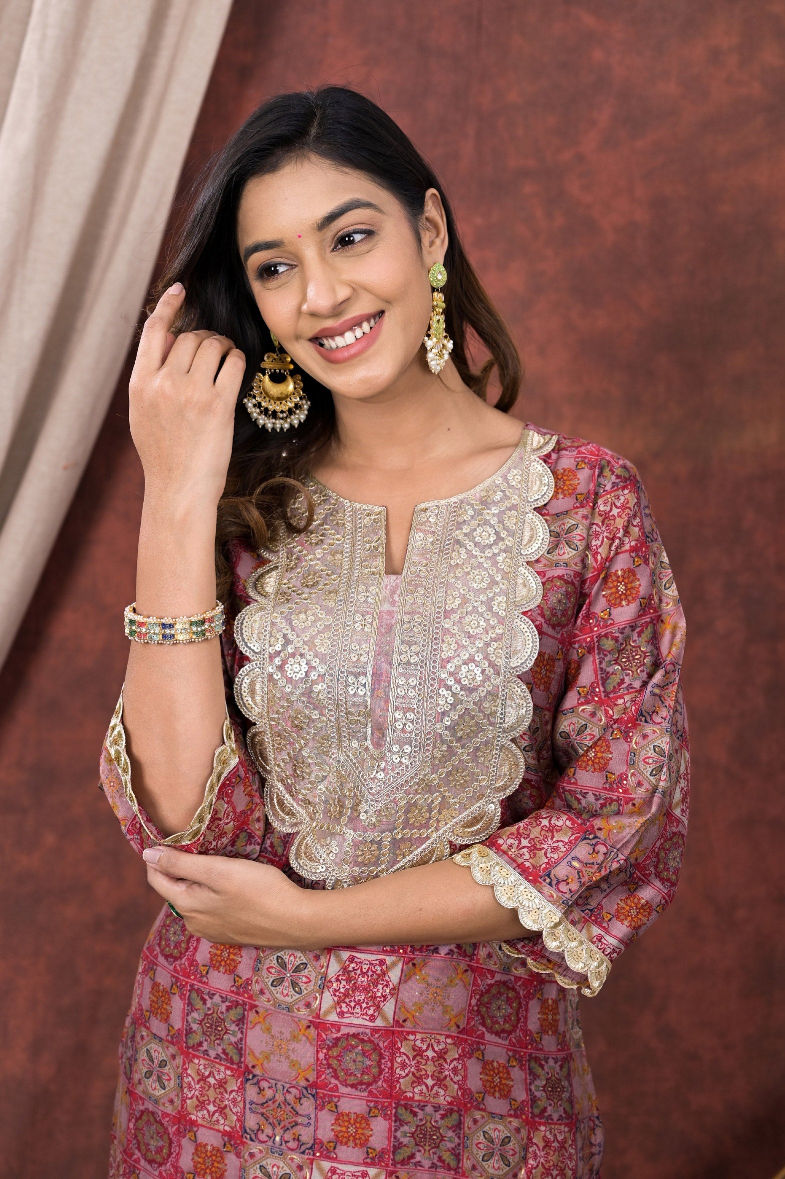 Vibrant Red Digital Print Modal Chanderi Kurta Pant Set