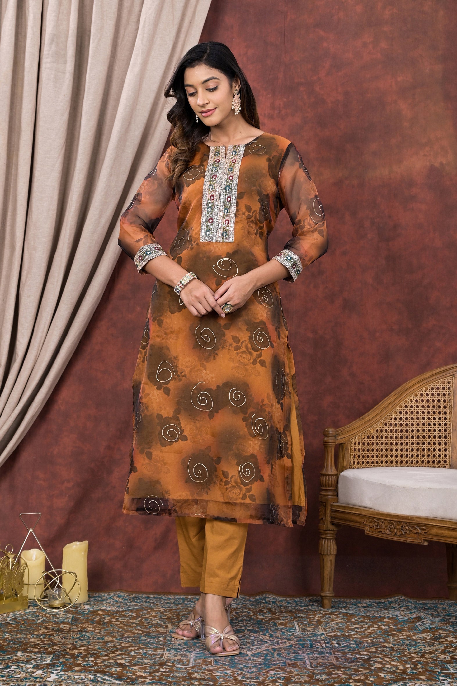 Stunning Brown Digital & Foil Print Organza Kurta Pant Set