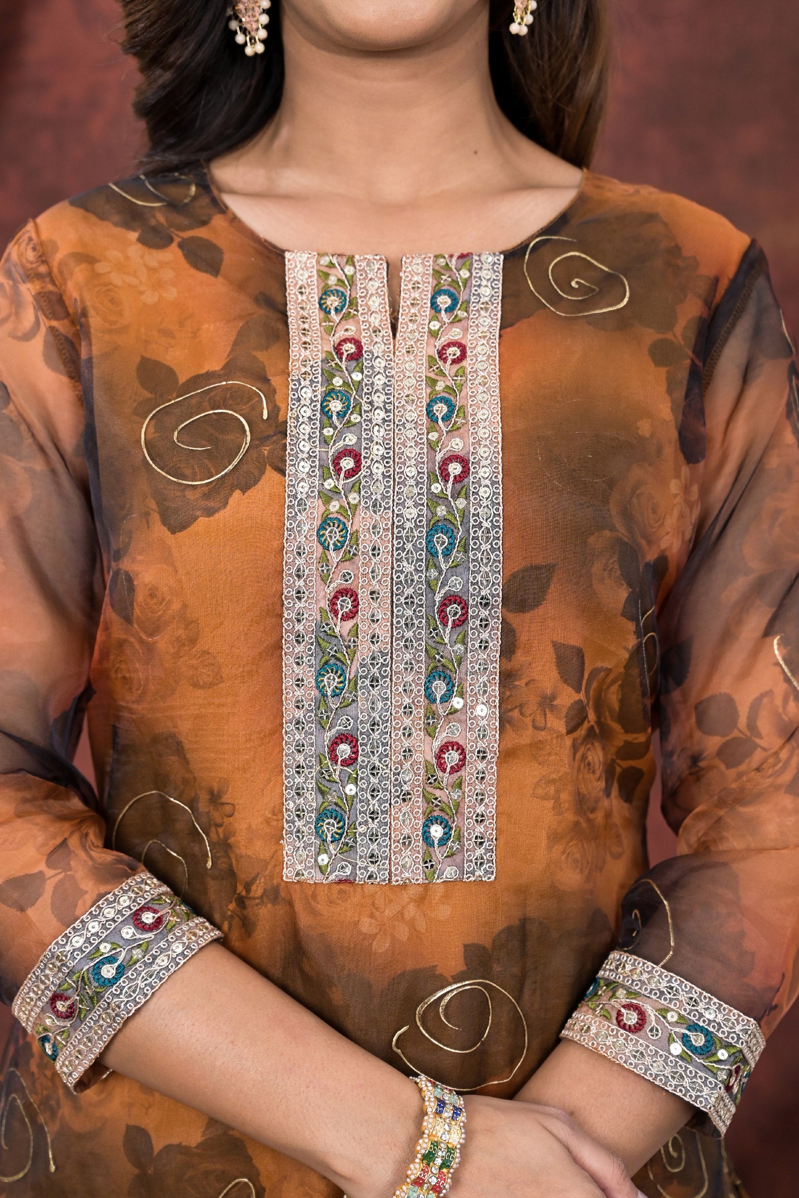 Stunning Brown Digital & Foil Print Organza Kurta Pant Set