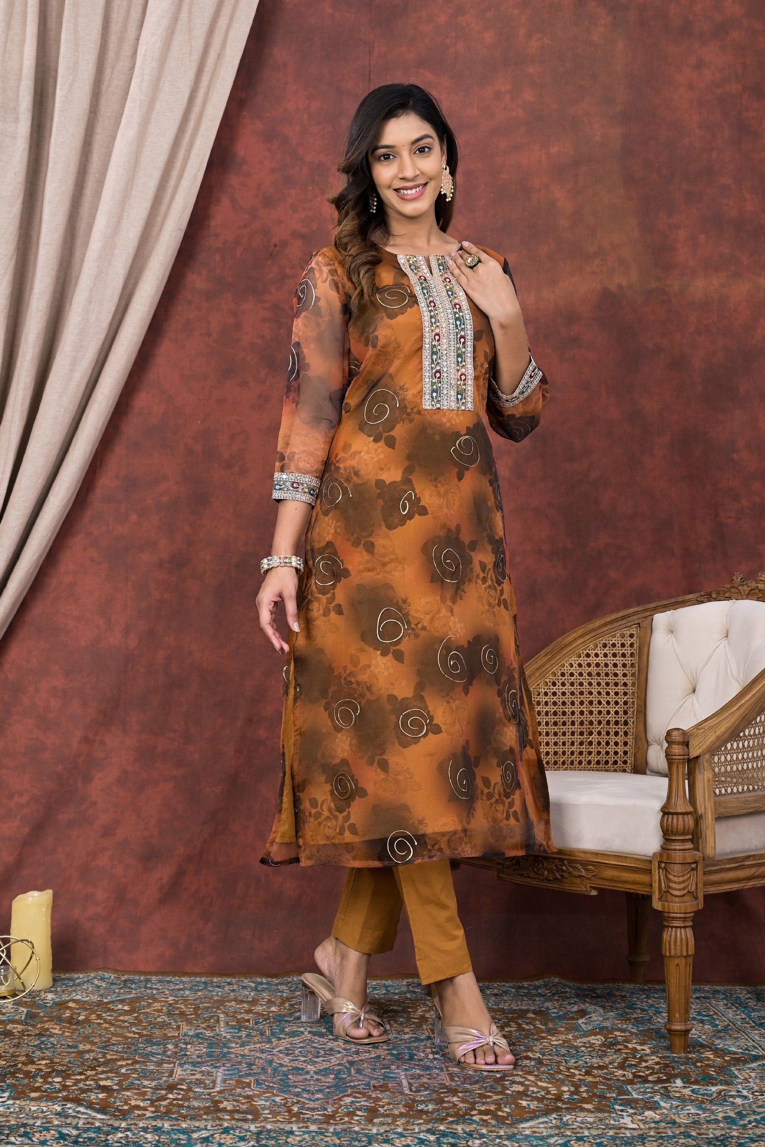 Stunning Brown Digital & Foil Print Organza Kurta Pant Set