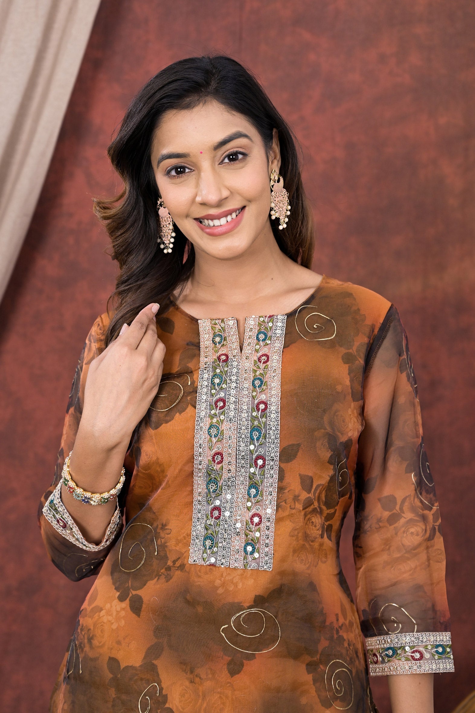 Stunning Brown Digital & Foil Print Organza Kurta Pant Set