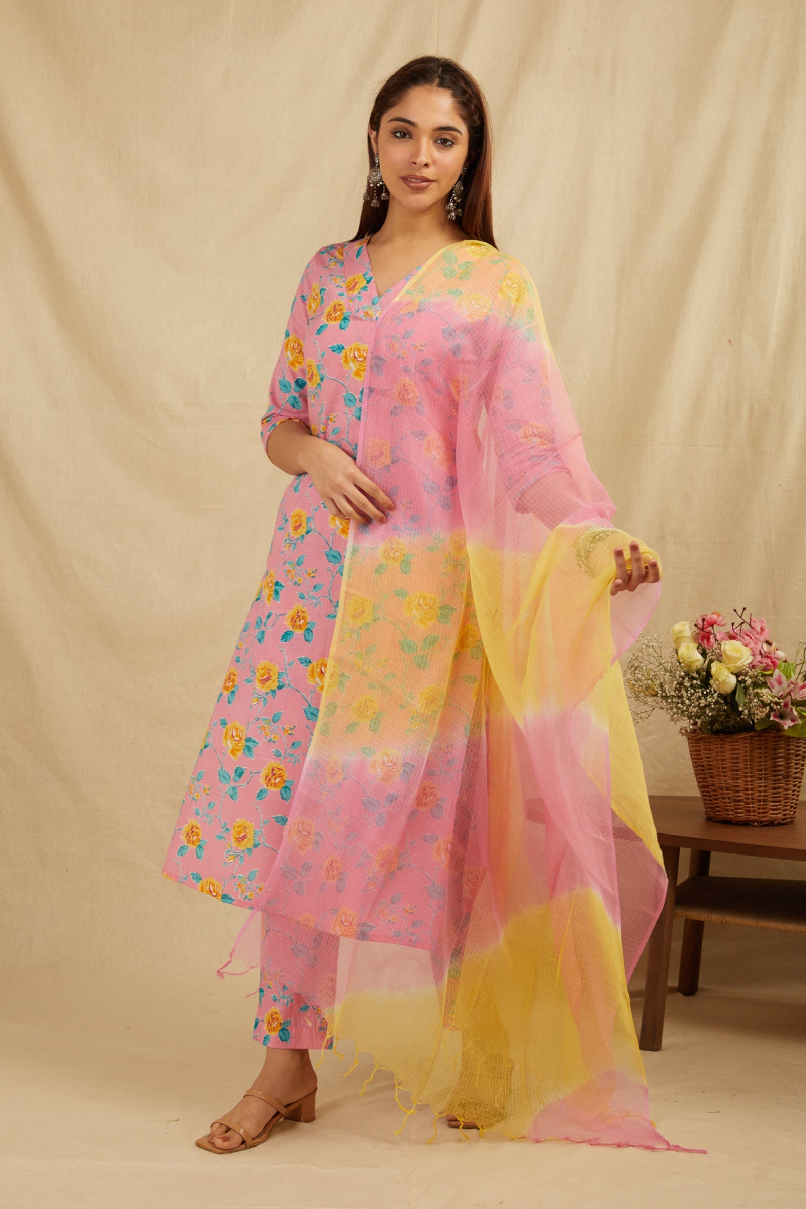 Pink Handblock Cotton Kurta Pant & Kota Doria Dupatta