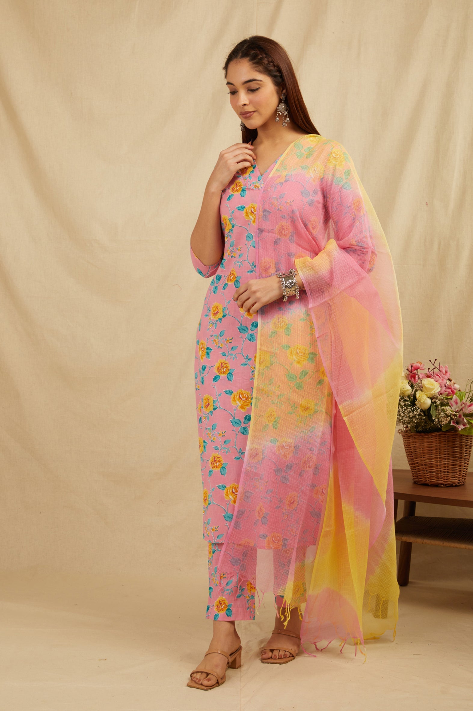 Pink Handblock Cotton Kurta Pant & Kota Doria Dupatta