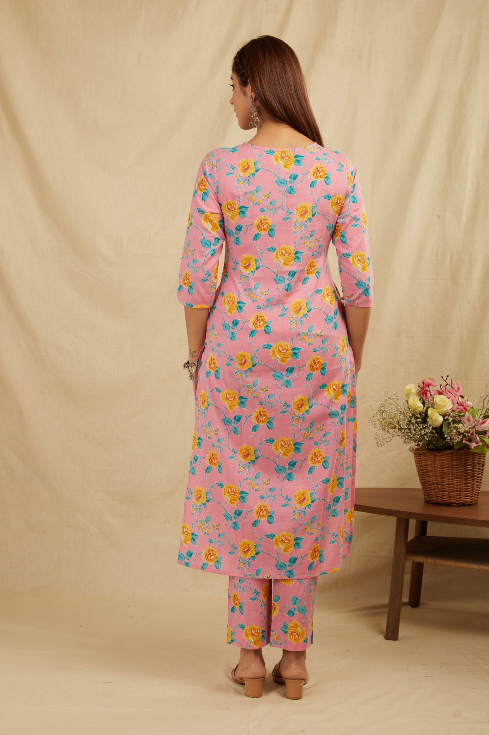 Pink Handblock Cotton Kurta Pant & Kota Doria Dupatta