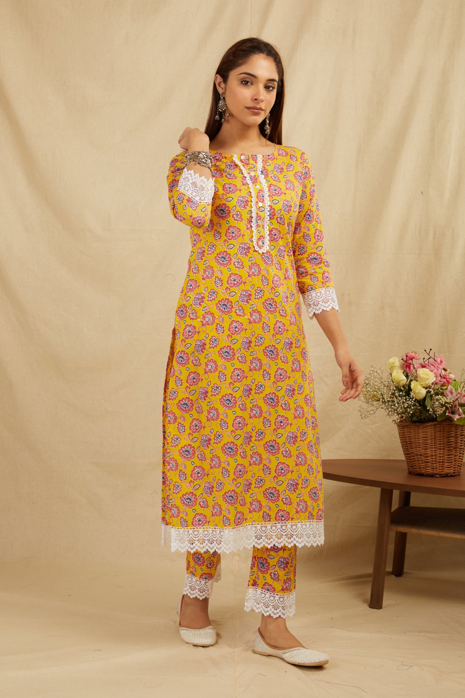 Mustard Printed Cotton Kurta Pant Set with Fancy Lace