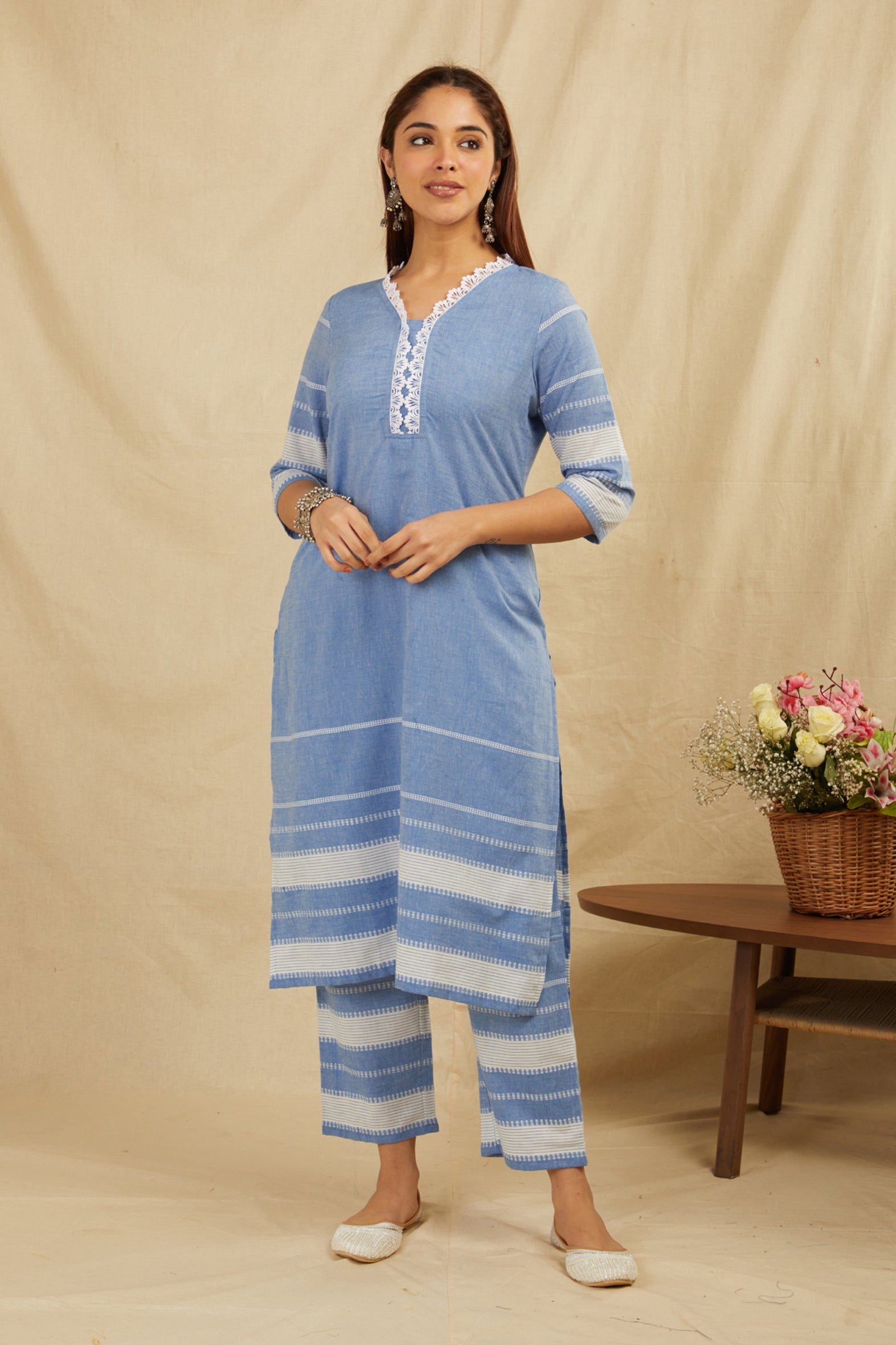 Blue Cotton Kurta Pants Set with Tassels & Lace