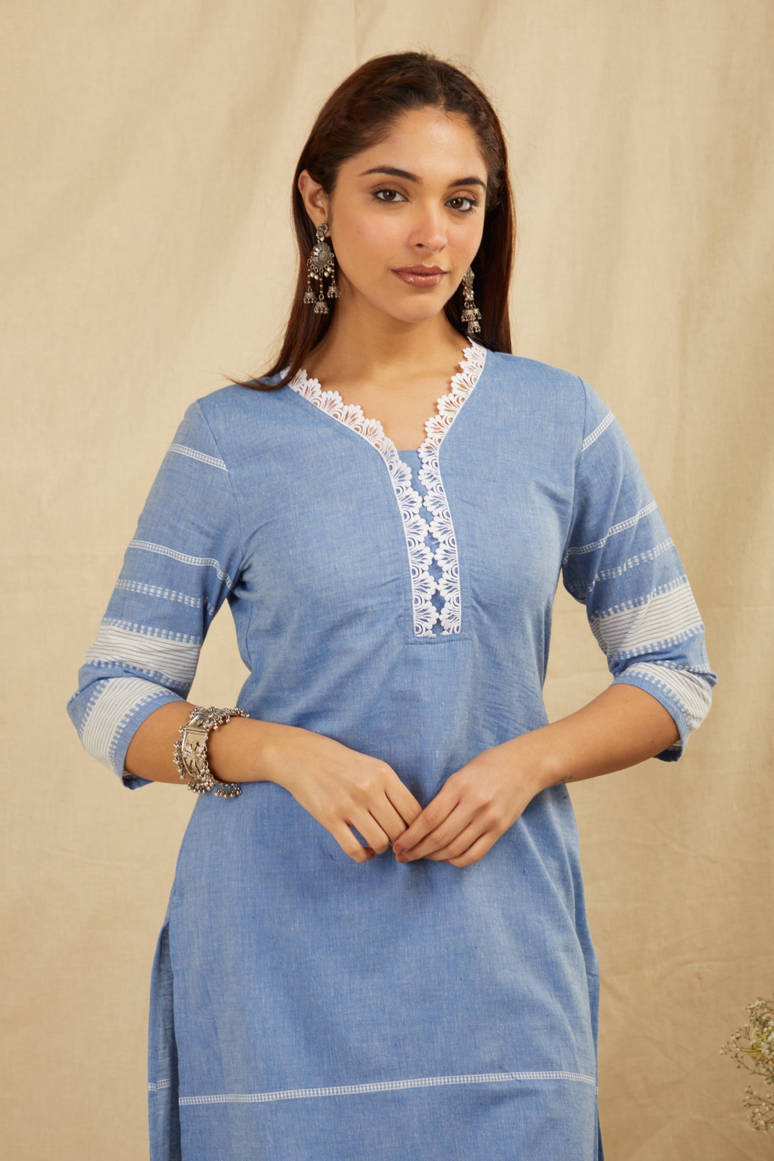 Blue Cotton Kurta Pants Set with Tassels & Lace
