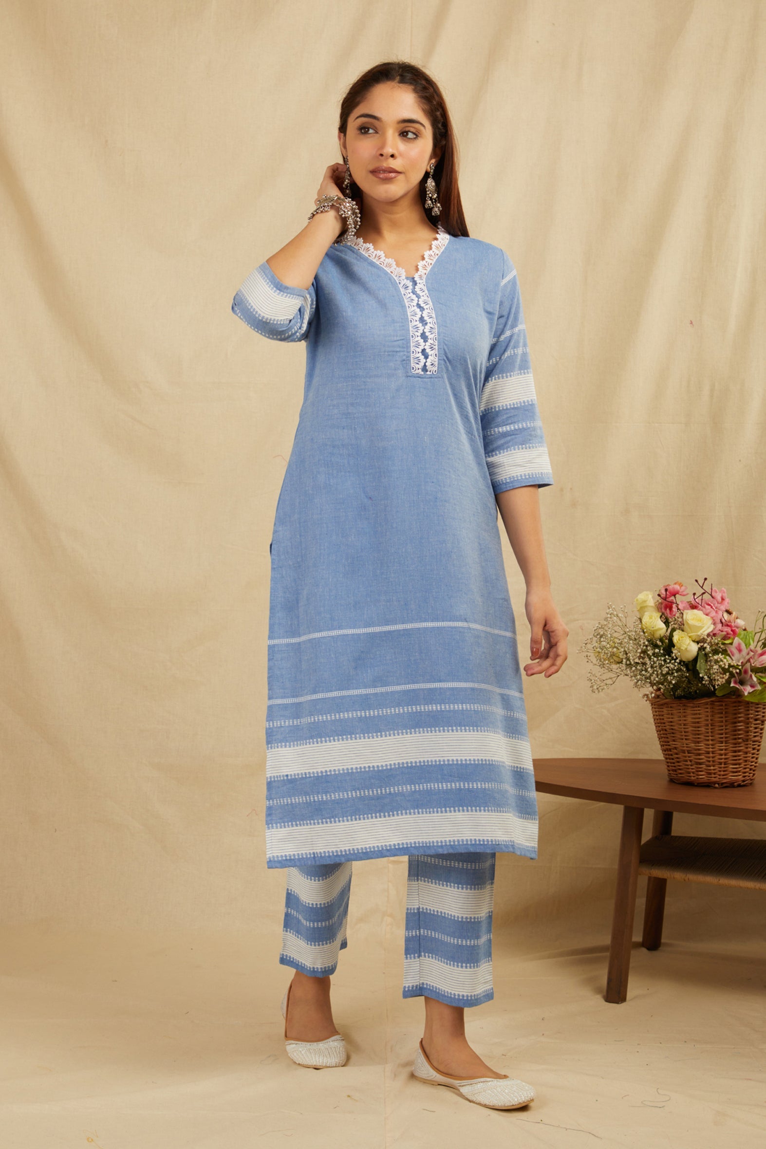 Blue Cotton Kurta Pants Set with Tassels & Lace
