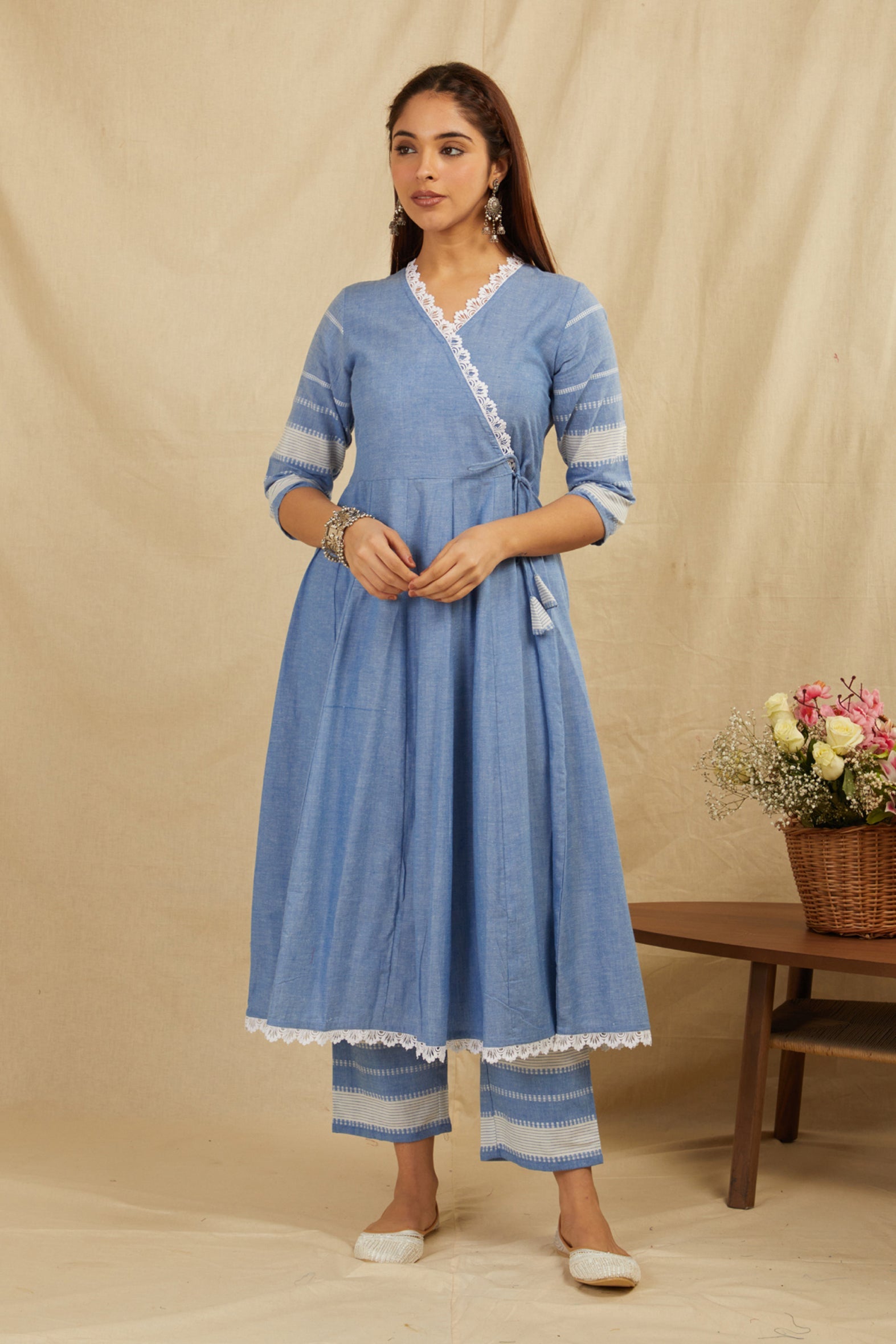 Blue Cotton Anarkali Kurta Pants Set with Tassels & Lace