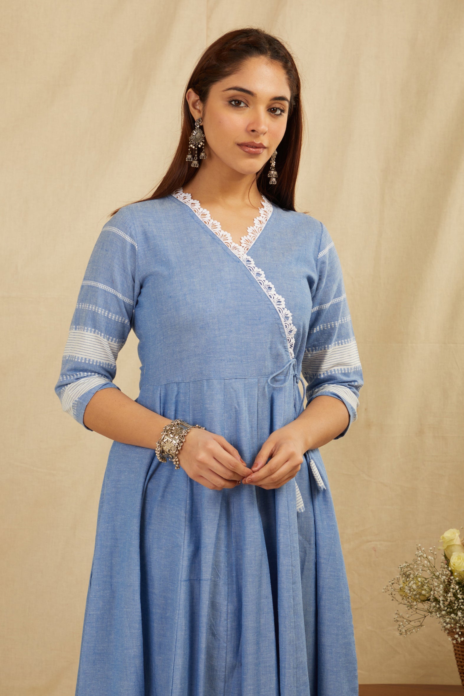Blue Cotton Anarkali Kurta Pants Set with Tassels & Lace