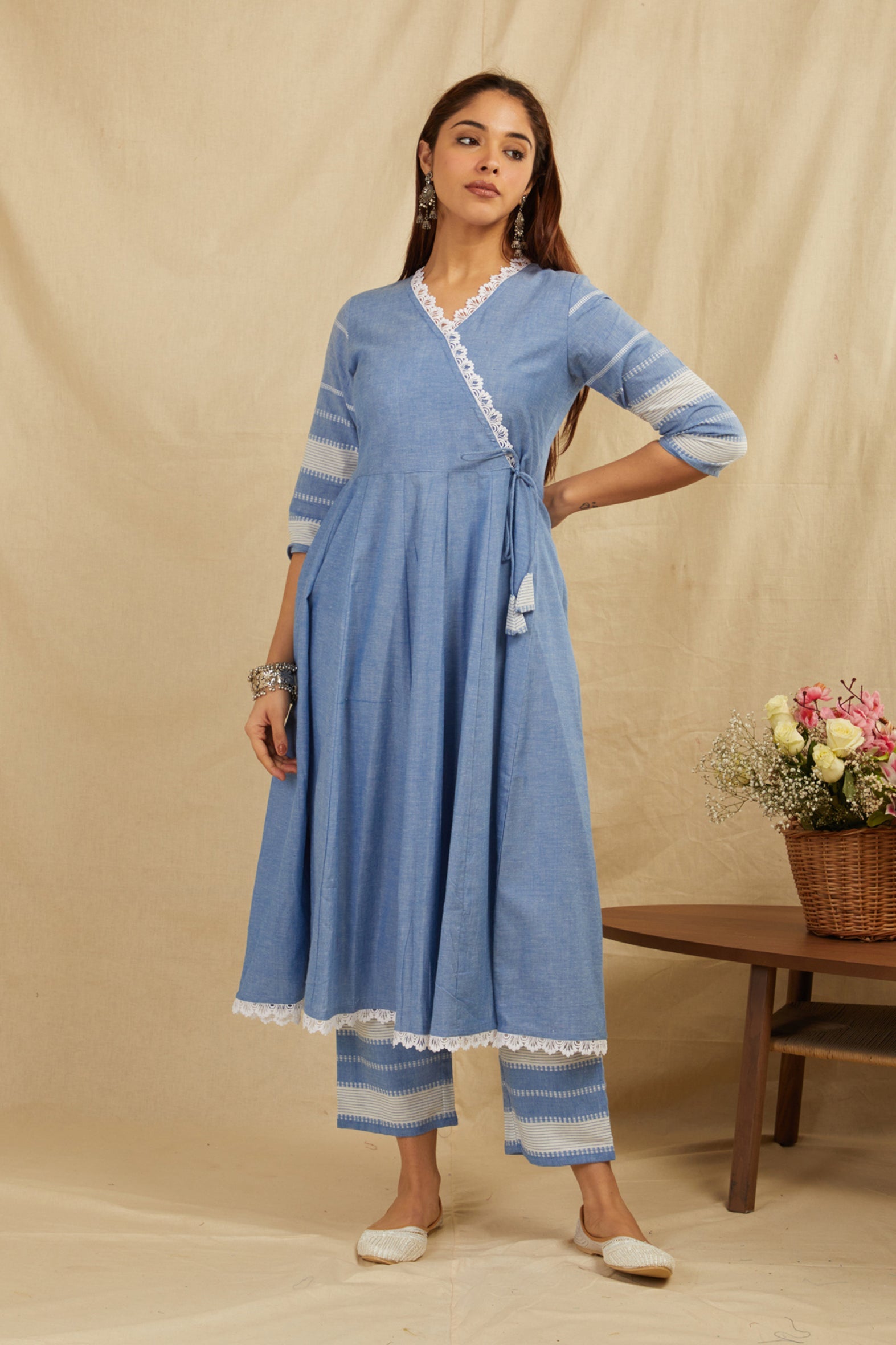 Blue Cotton Anarkali Kurta Pants Set with Tassels & Lace