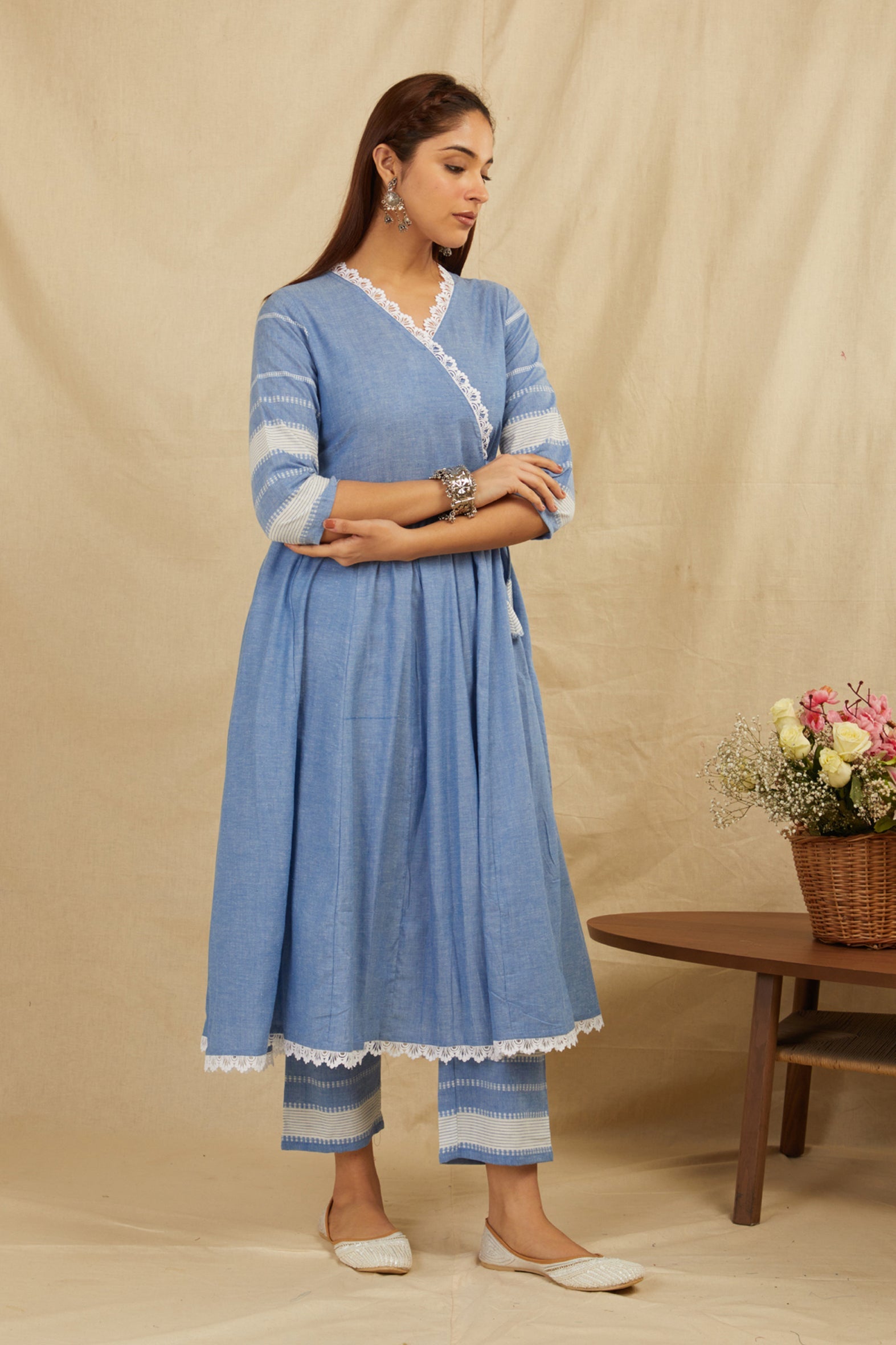 Blue Cotton Anarkali Kurta Pants Set with Tassels & Lace