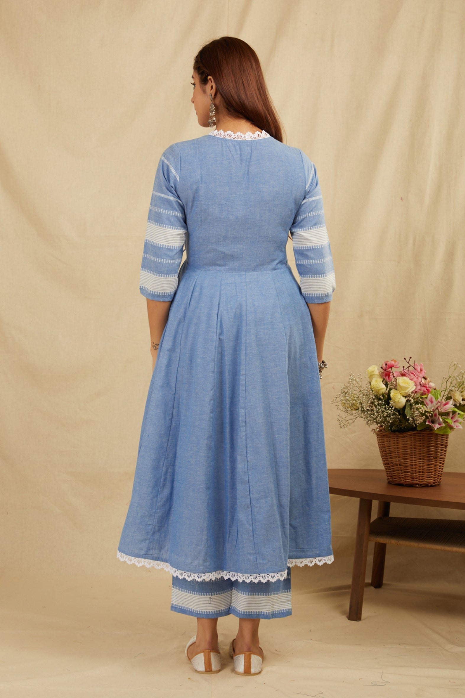 Blue Cotton Anarkali Kurta Pants Set with Tassels & Lace