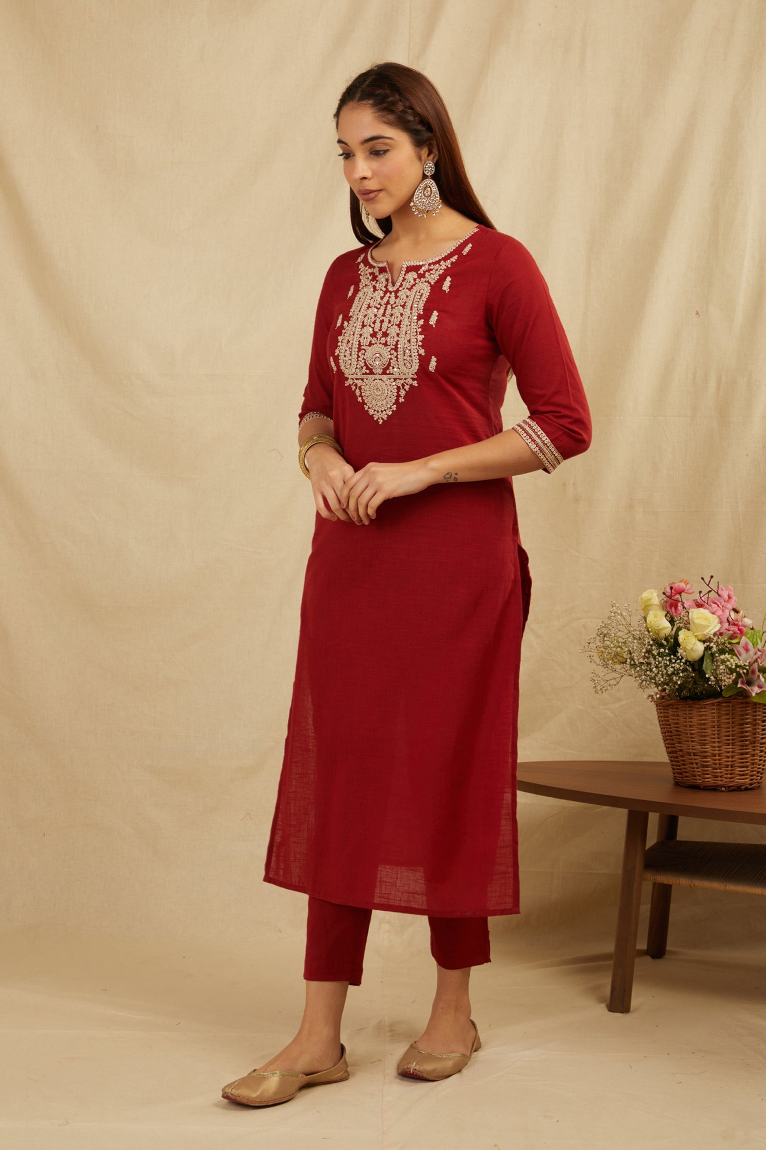Chic Maroon Cotton Zari Kurta Pant Set (No Dupatta)