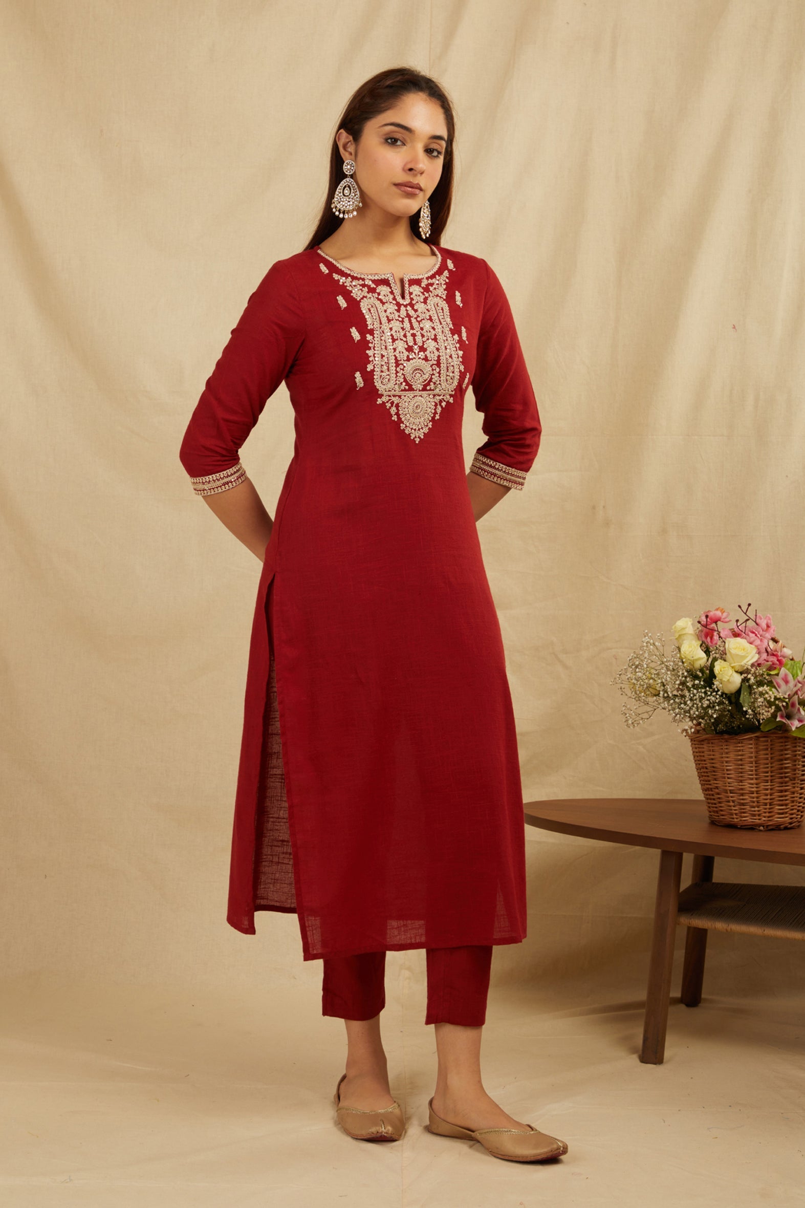 Chic Maroon Cotton Zari Kurta Pant Set (No Dupatta)