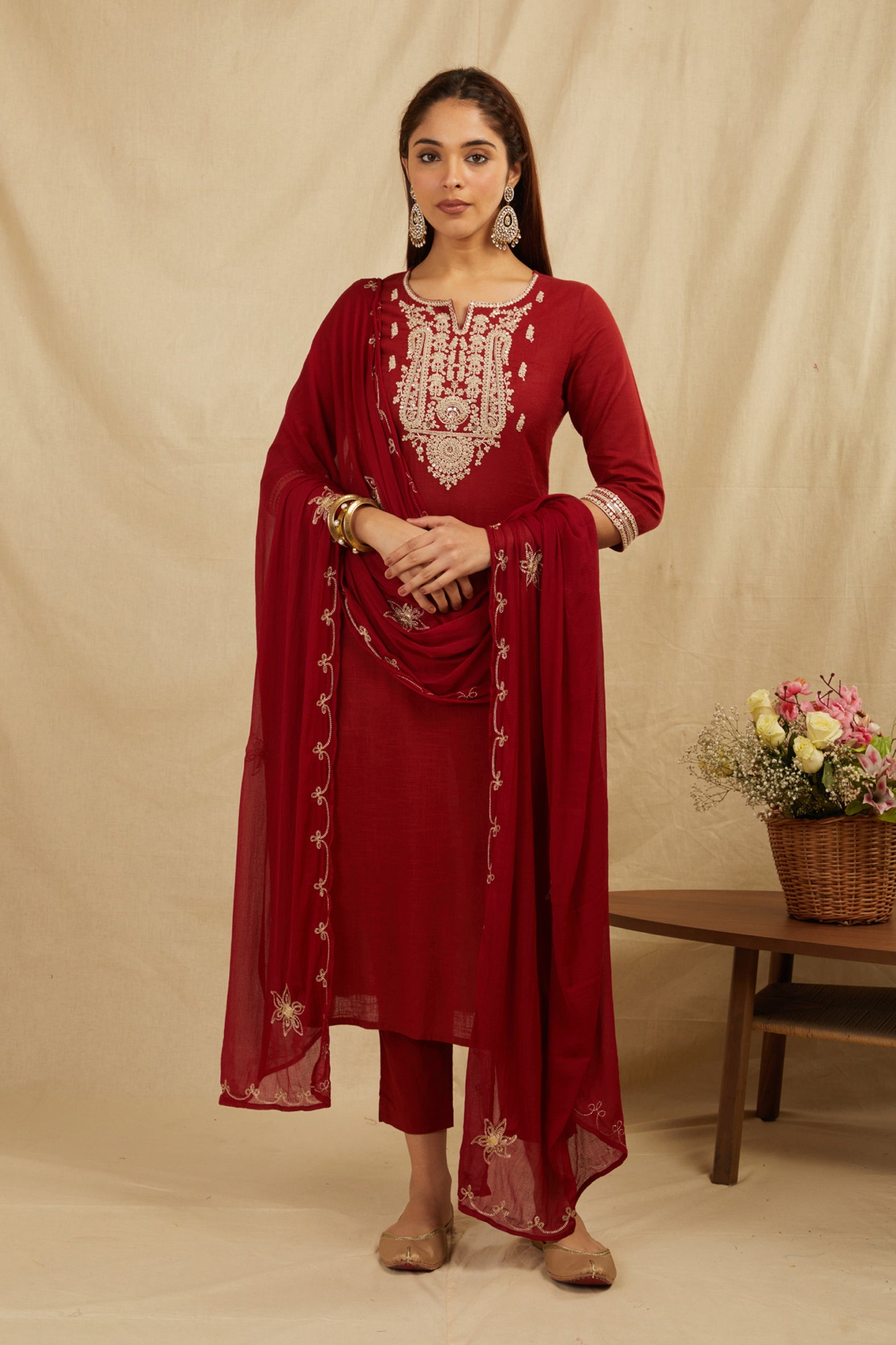 Elegant Maroon Cotton Zari Kurta Pant with Chiffon Dupatta