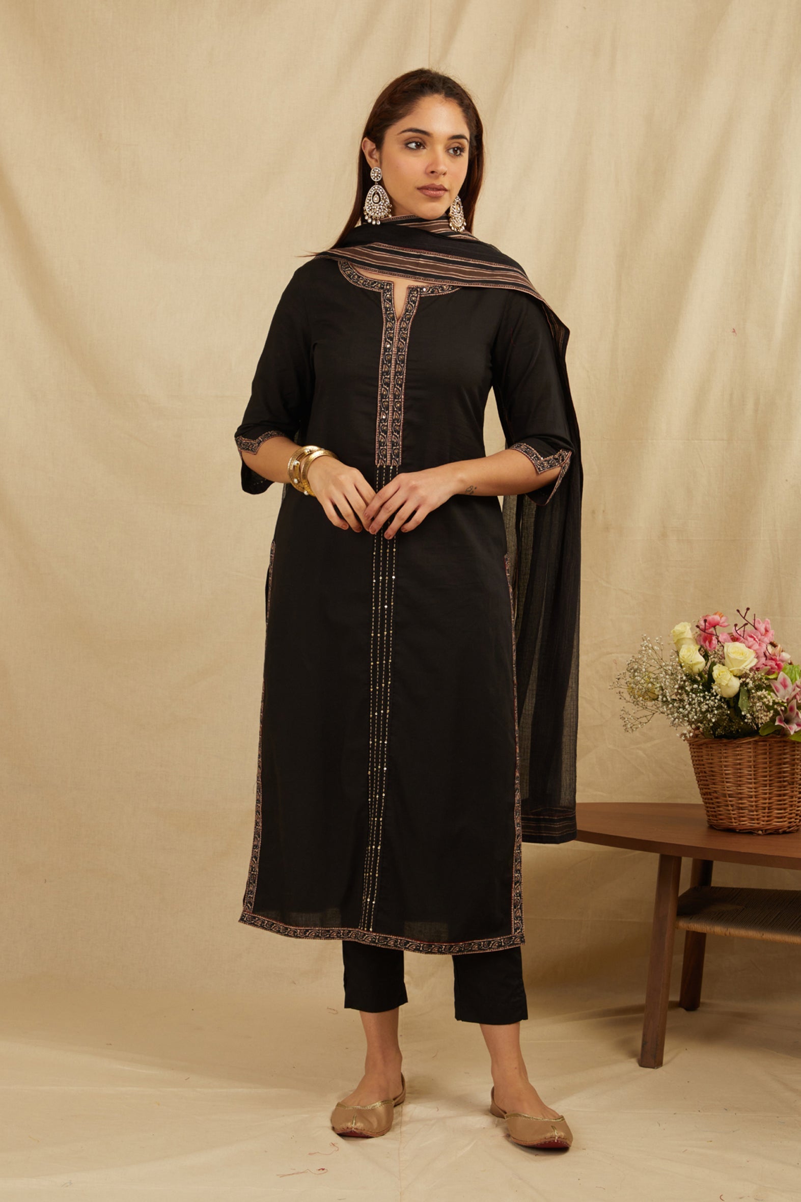 Black Hand Block Cotton Kurta Pant & Kota Doria Dupatta
