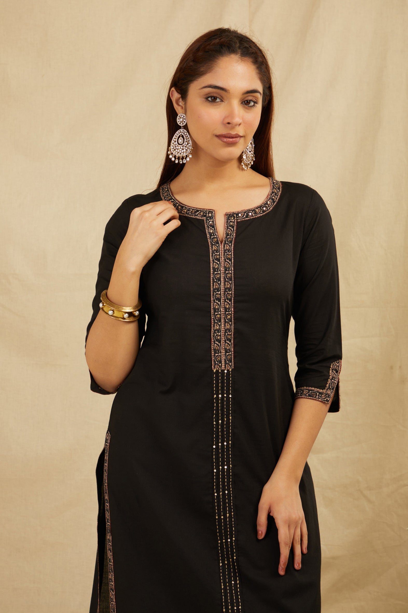 Black Hand Block Cotton Kurta Pant & Kota Doria Dupatta