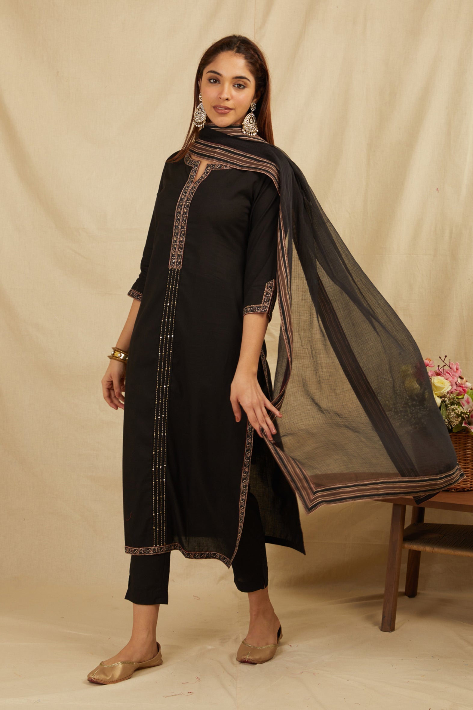 Black Hand Block Cotton Kurta Pant & Kota Doria Dupatta
