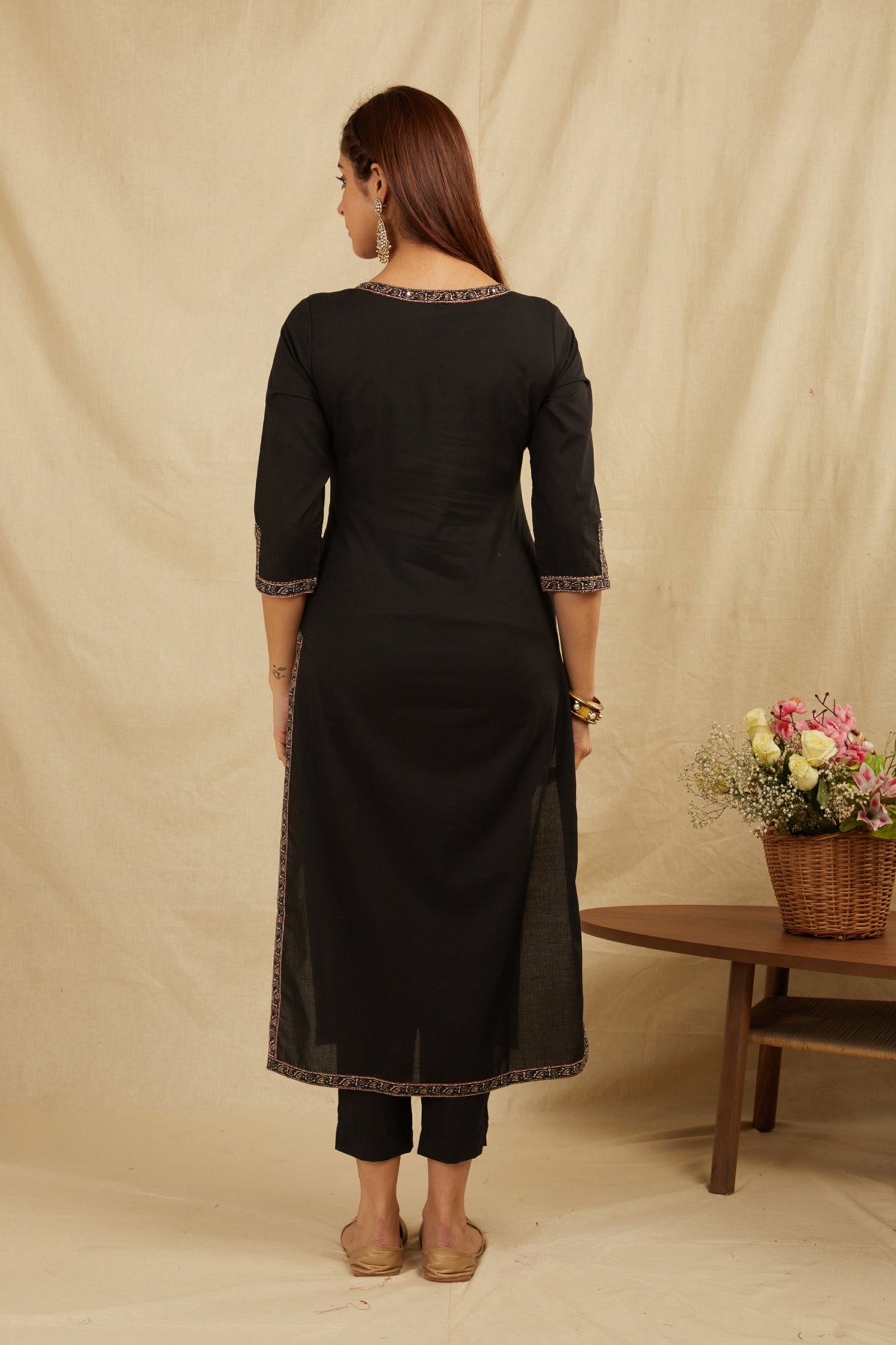 Black Hand Block Cotton Kurta Pant & Kota Doria Dupatta