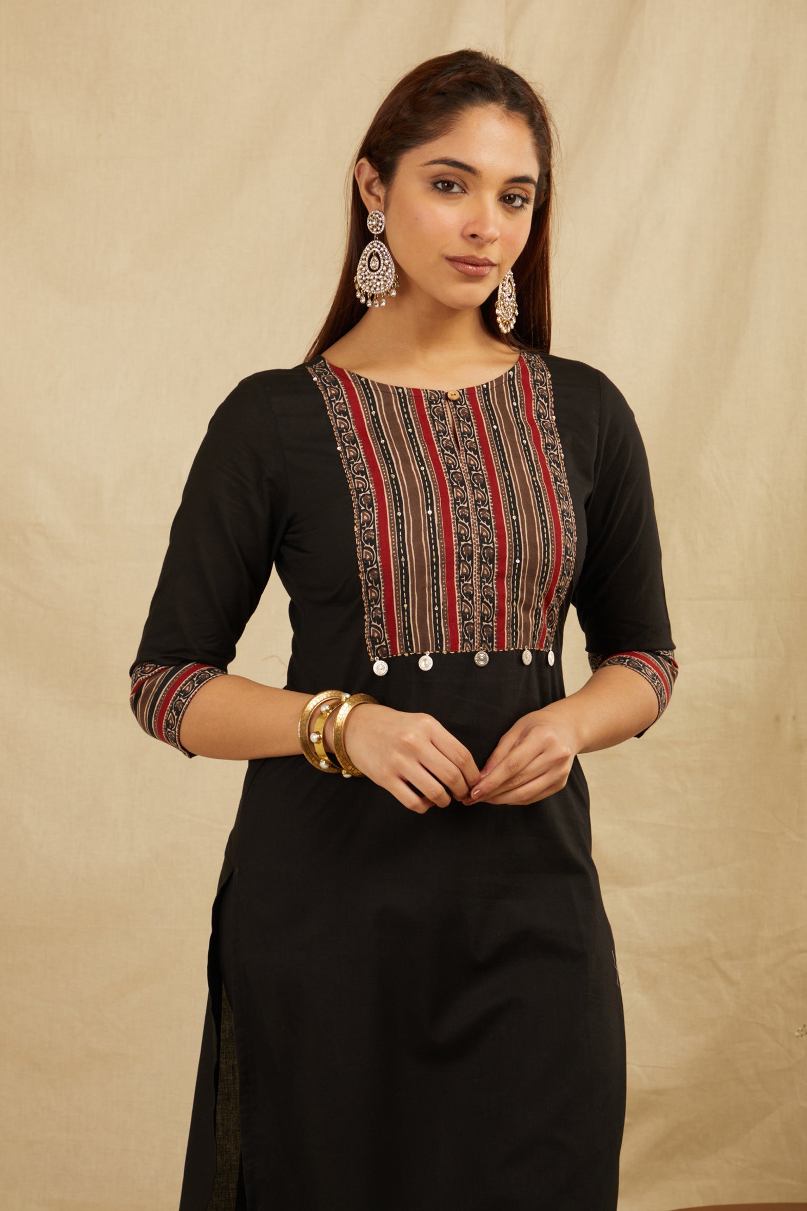 Black Hand Block Cotton Kurta with Pants Set - Handwork