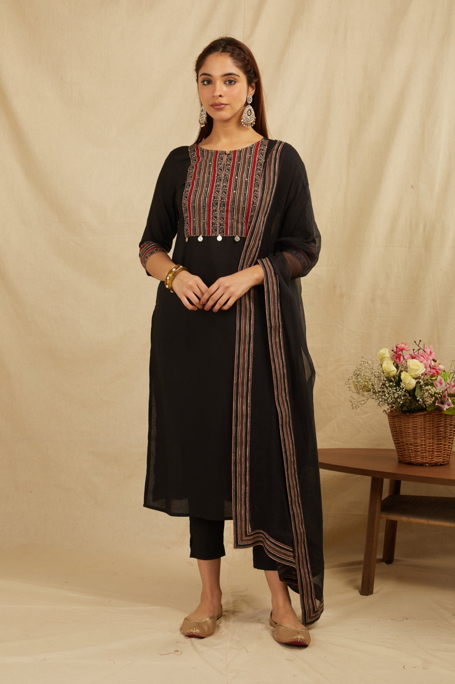 Black Printed Cotton Kurta Pant & Kota Doria Dupatta