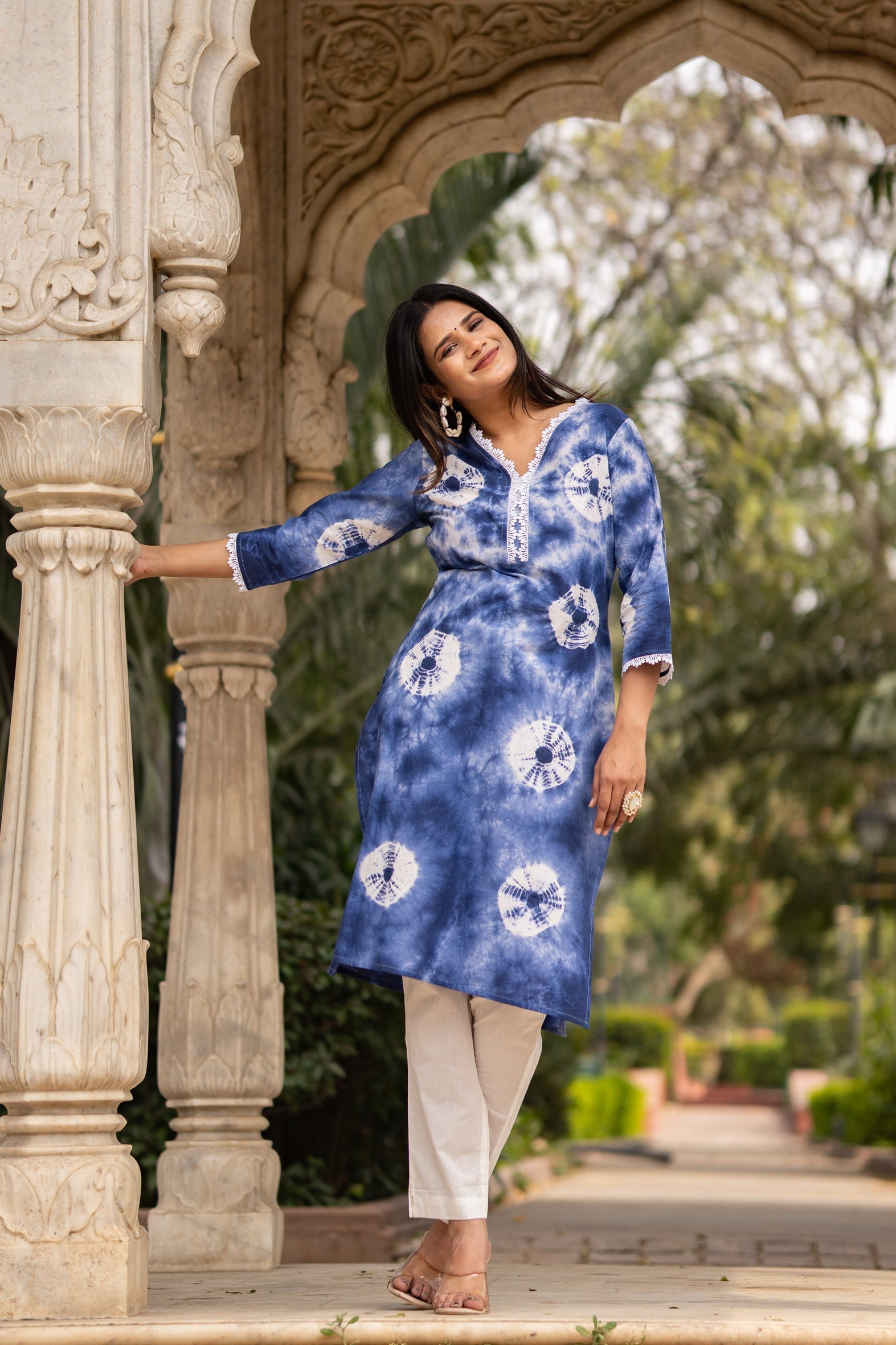 Blue Tie Dye Spiral Print Cotton Kurta Pants Set