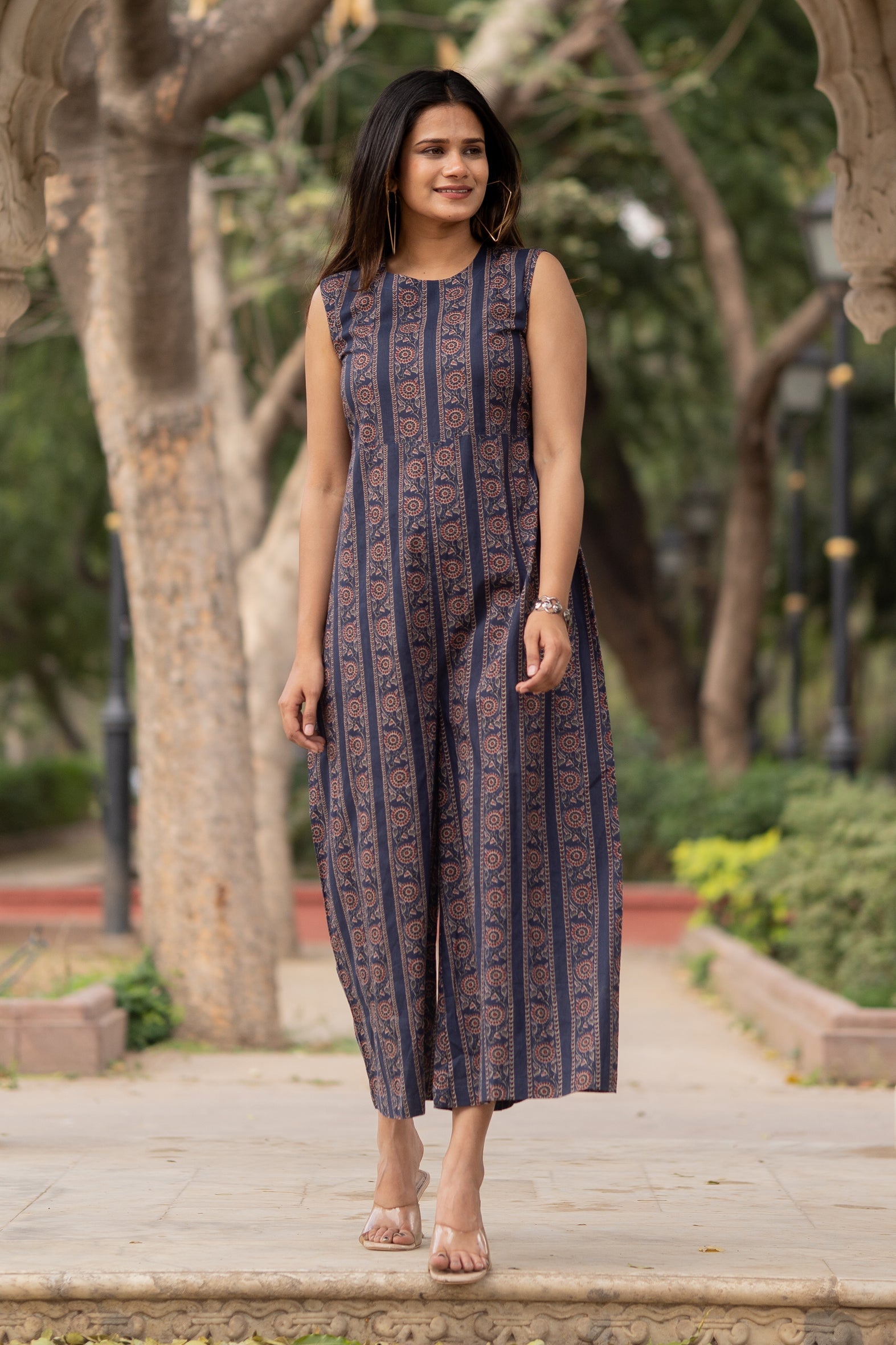 Blue Cotton Printed Jumpsuit with Flared Palazzo Bottom