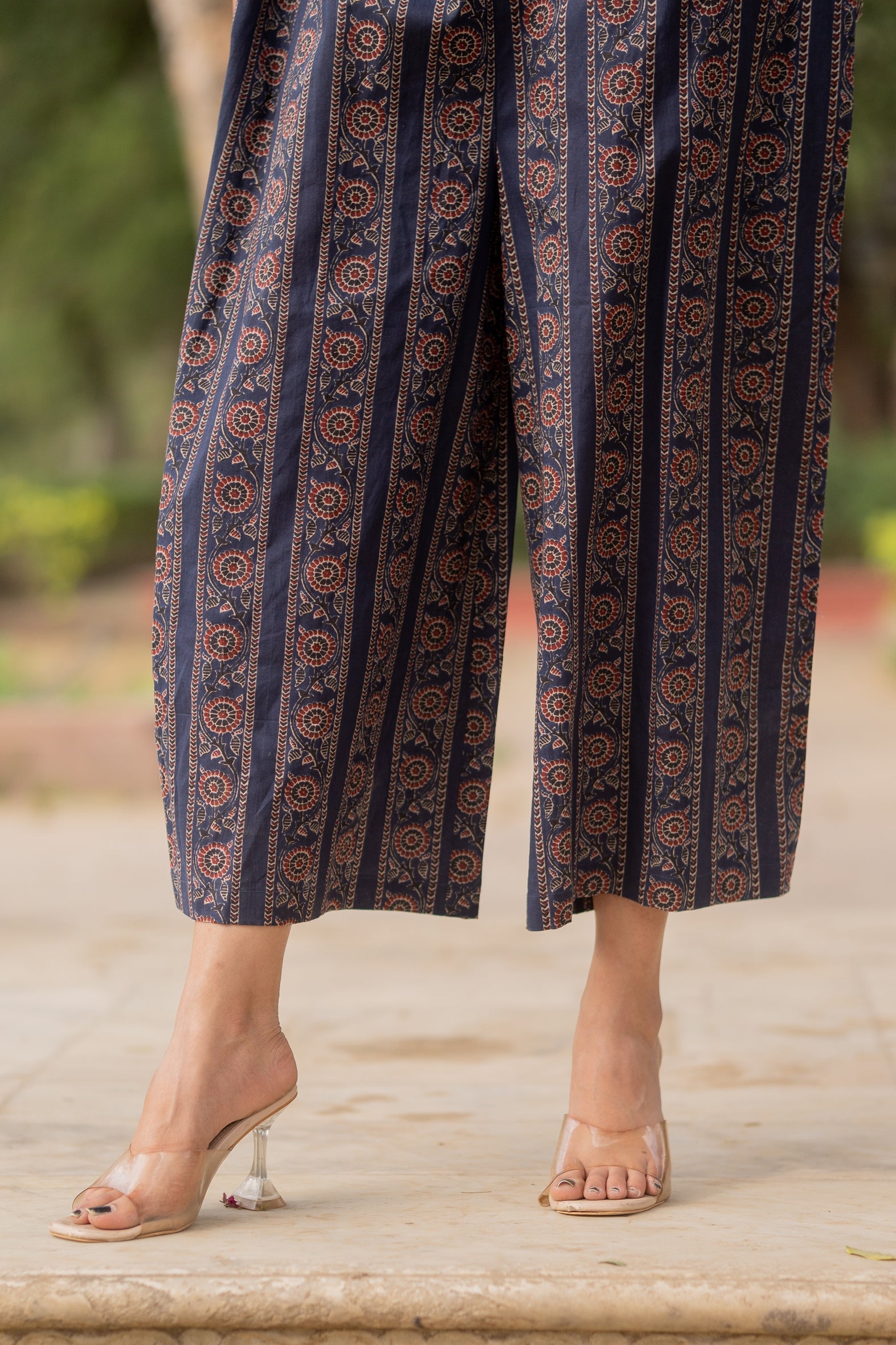 Blue Cotton Printed Jumpsuit with Flared Palazzo Bottom