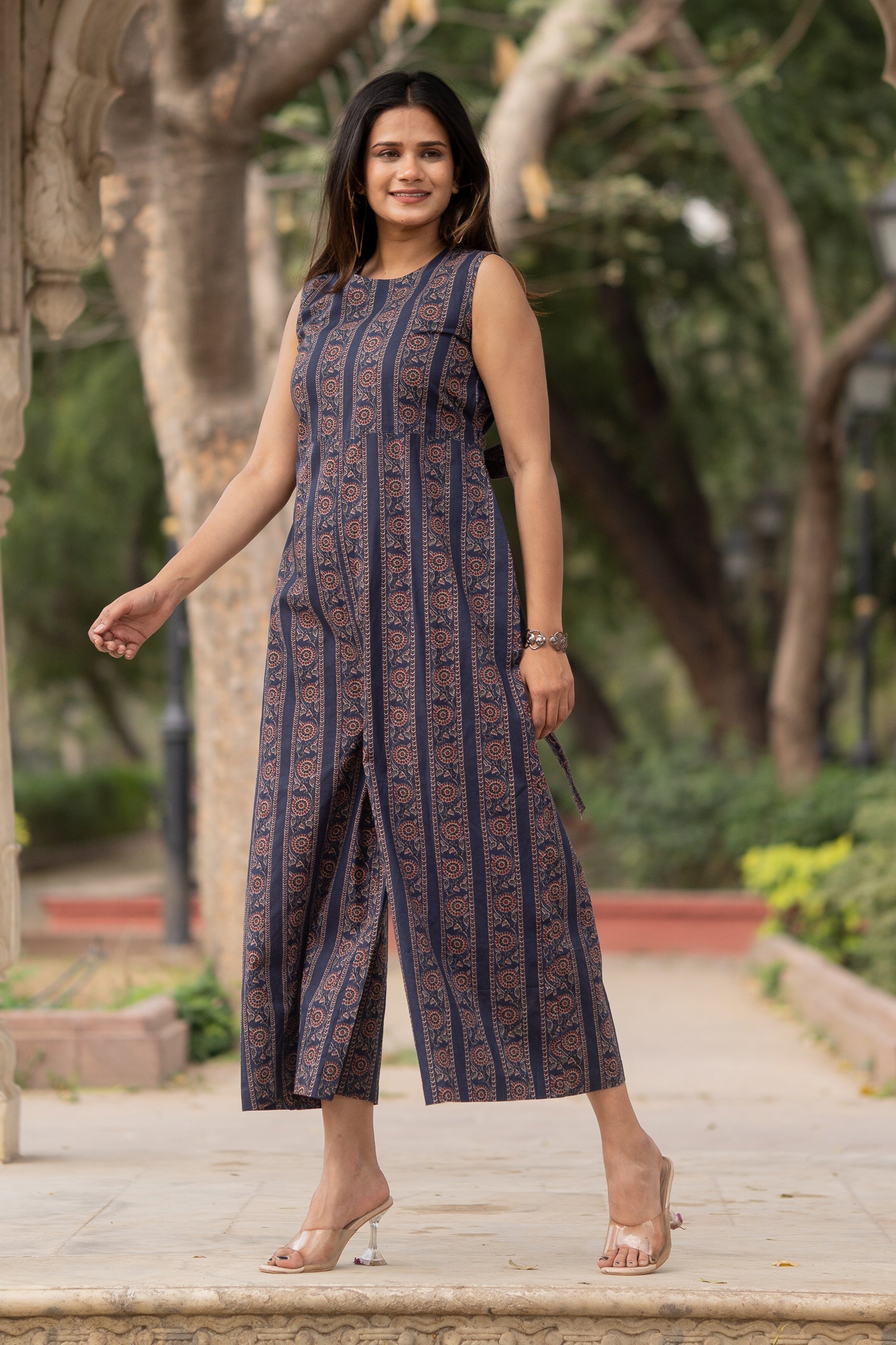 Blue Cotton Printed Jumpsuit with Flared Palazzo Bottom