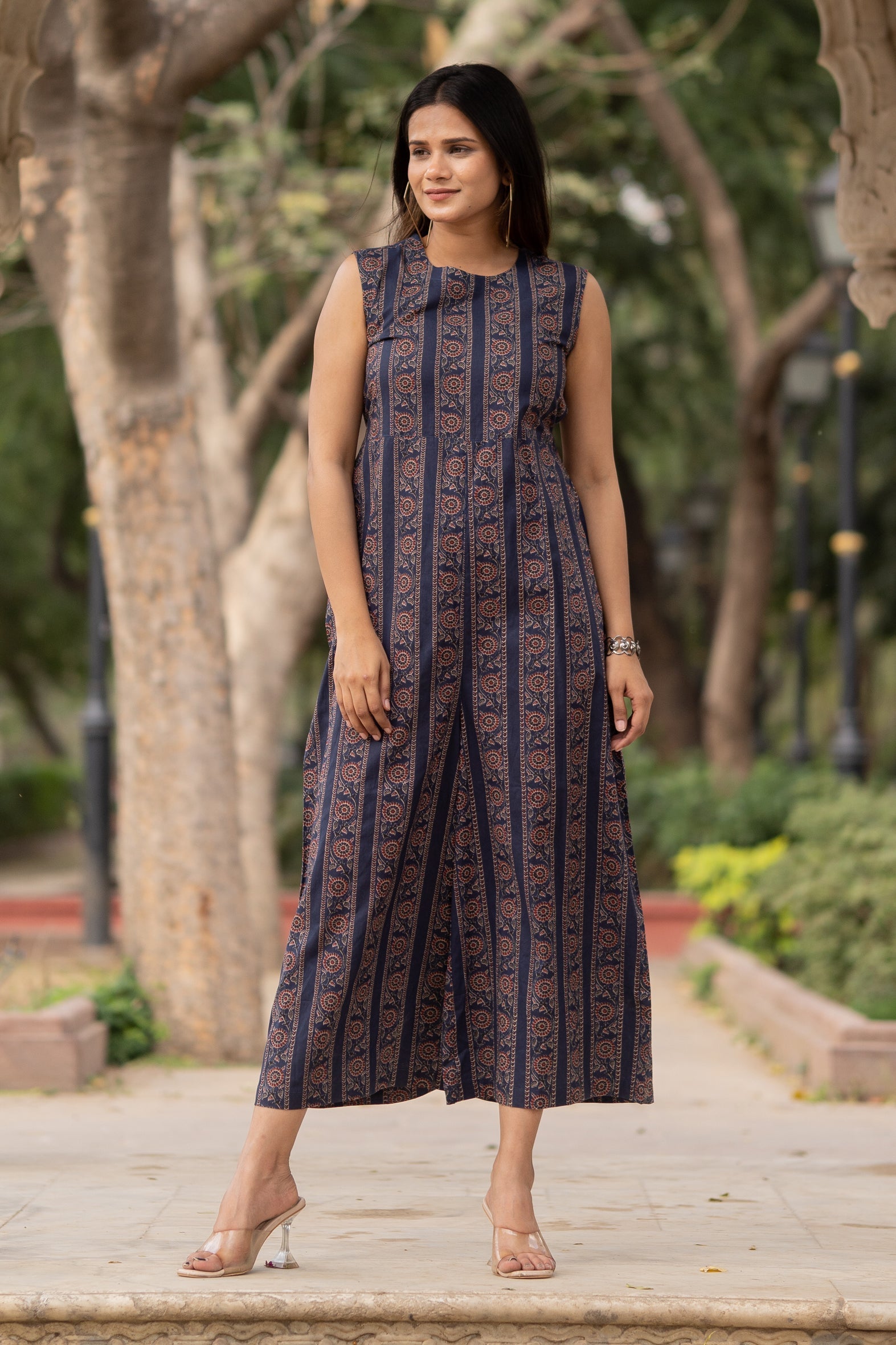 Blue Cotton Printed Jumpsuit with Flared Palazzo Bottom