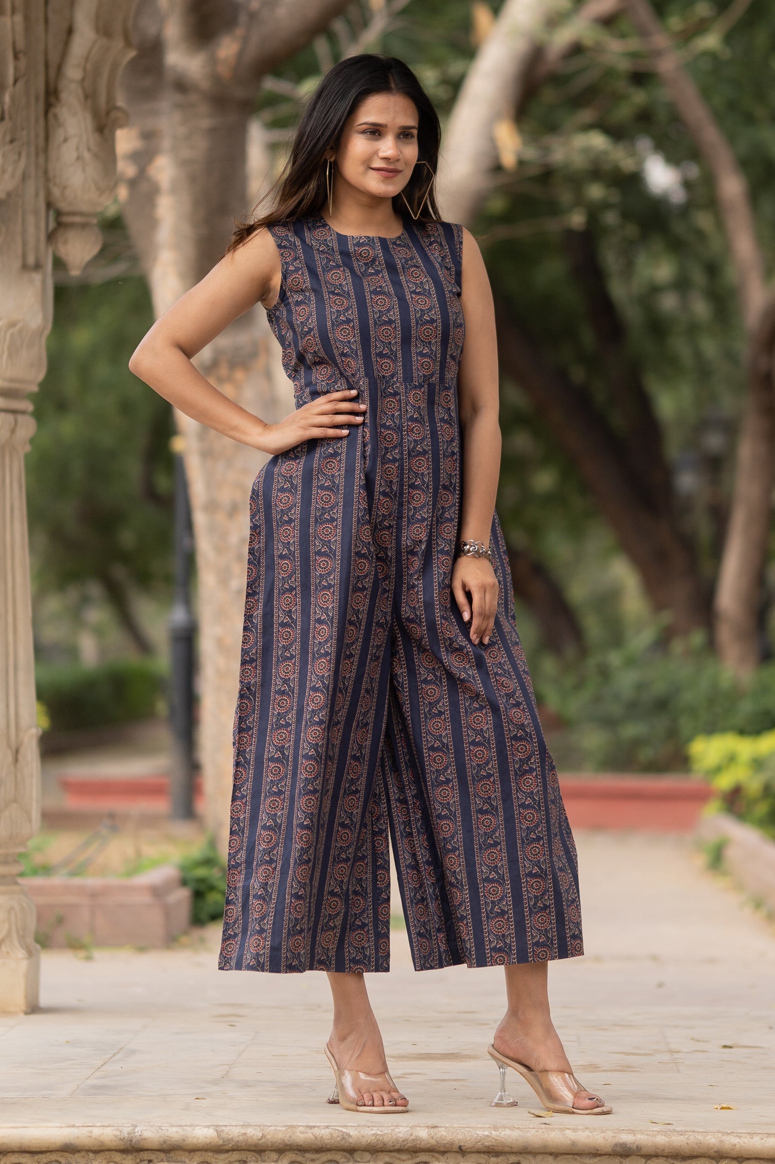 Blue Cotton Printed Jumpsuit with Flared Palazzo Bottom