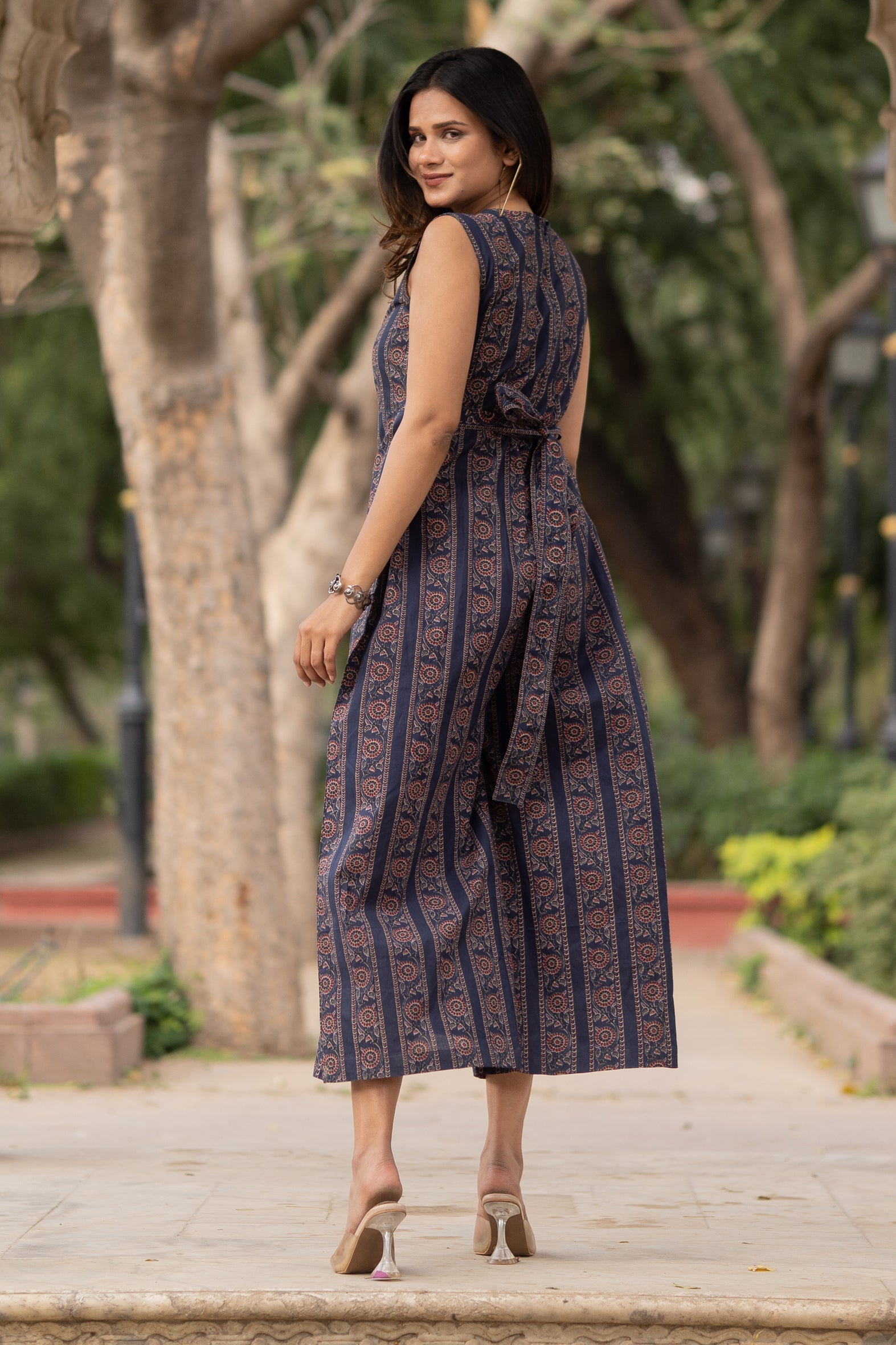 Blue Cotton Printed Jumpsuit with Flared Palazzo Bottom