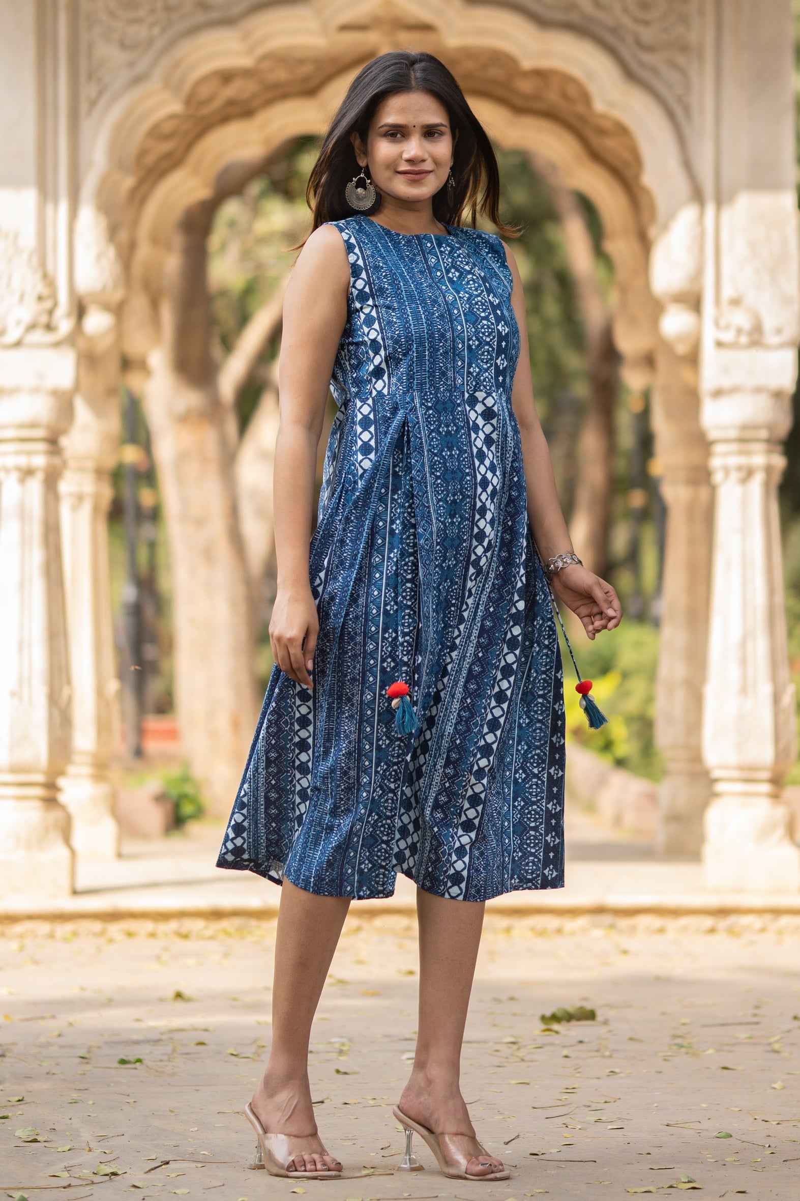 Blue Printed Cotton Sleeveless Dress - Boat Neck