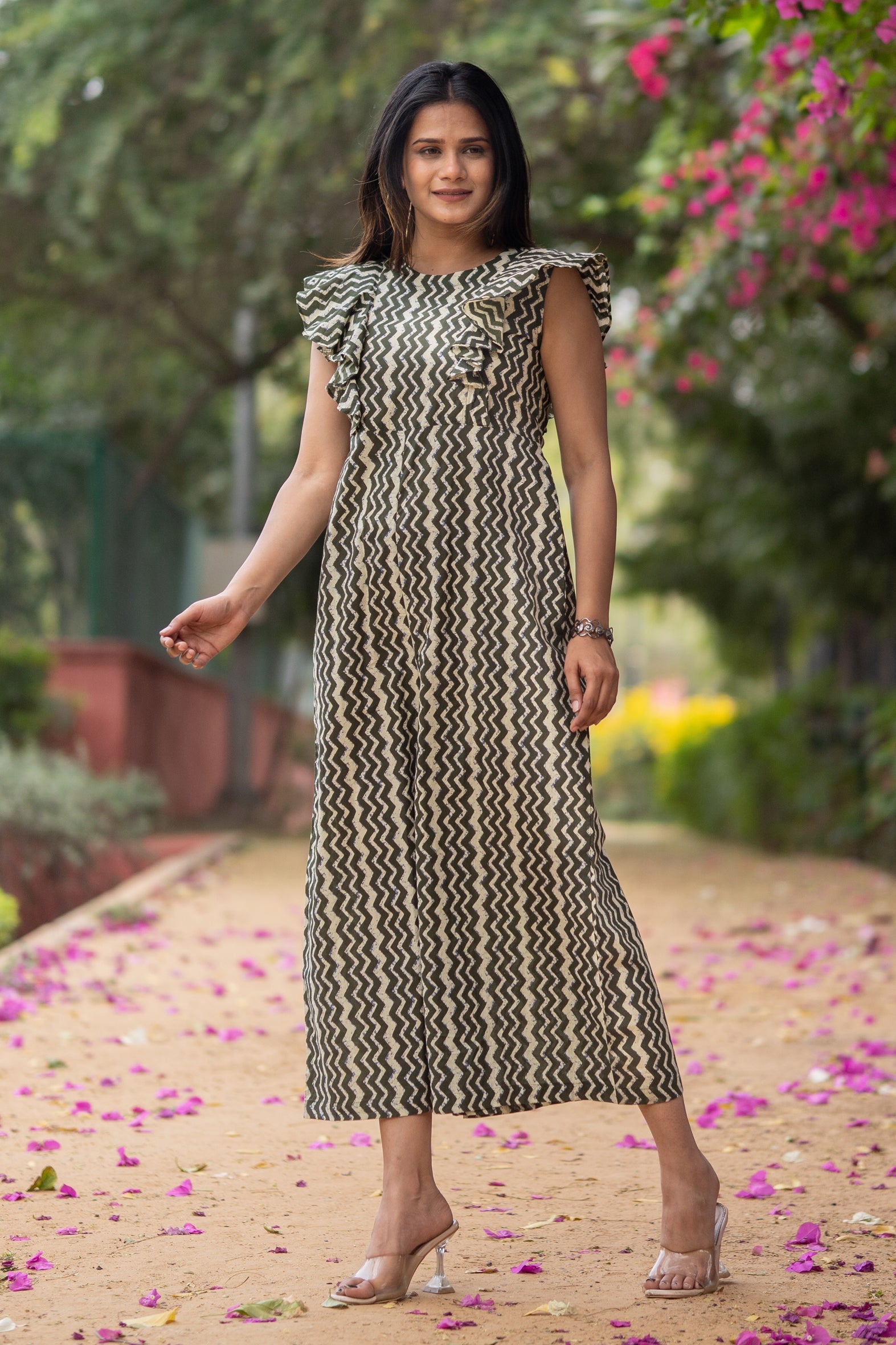 Green Cotton Printed Jumpsuit with Flared Palazzo Bottom