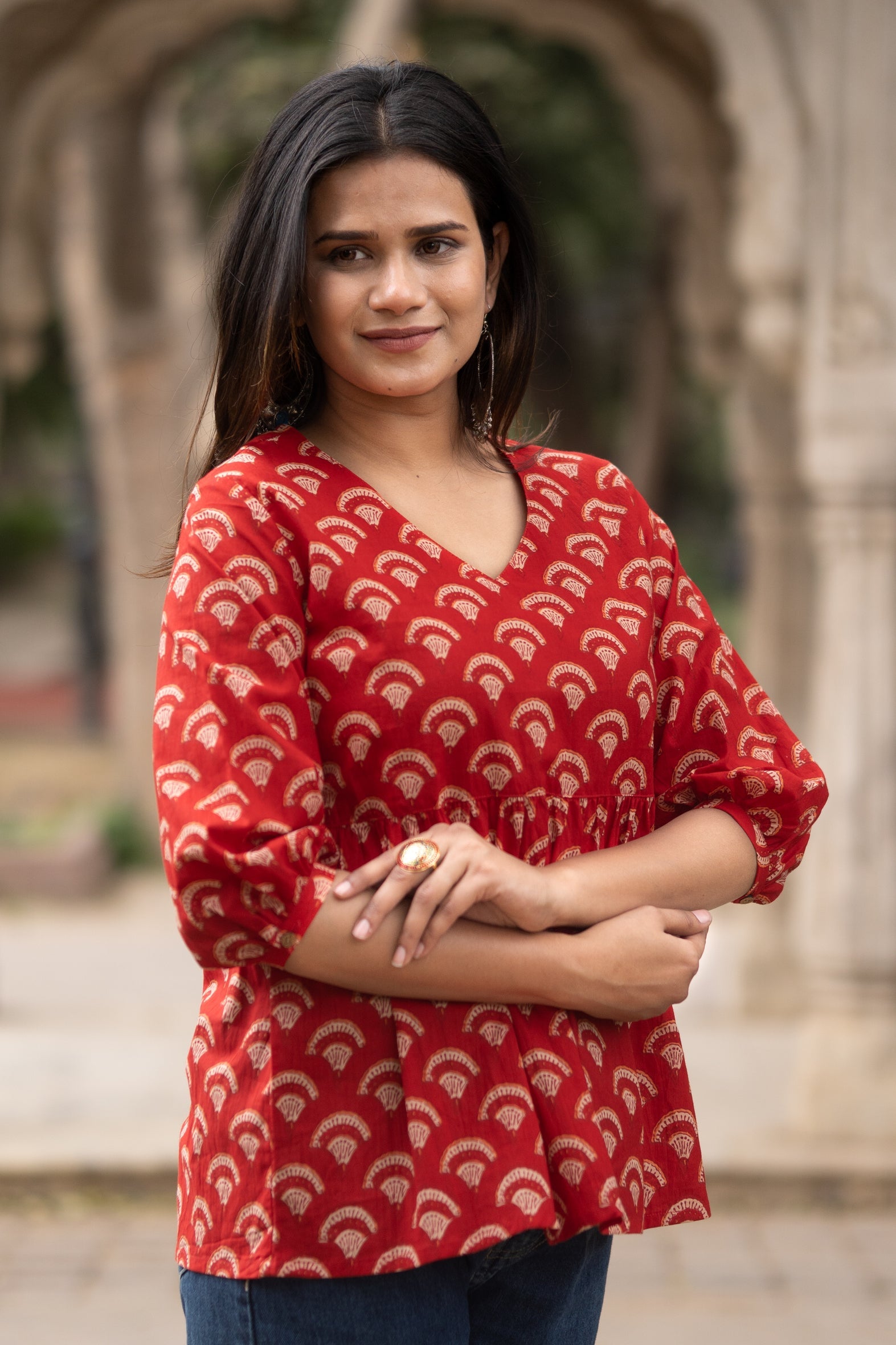 Red Flared Cotton Printed Short Top with Button Sleeves