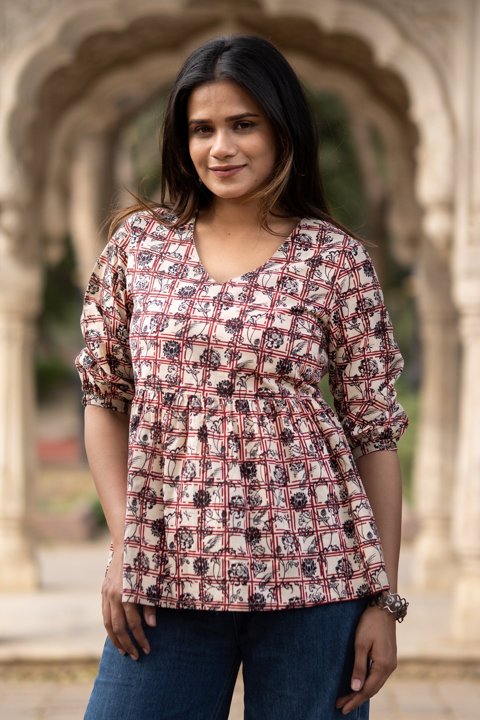 Multi Flared Cotton Printed Short Top with Button Sleeves
