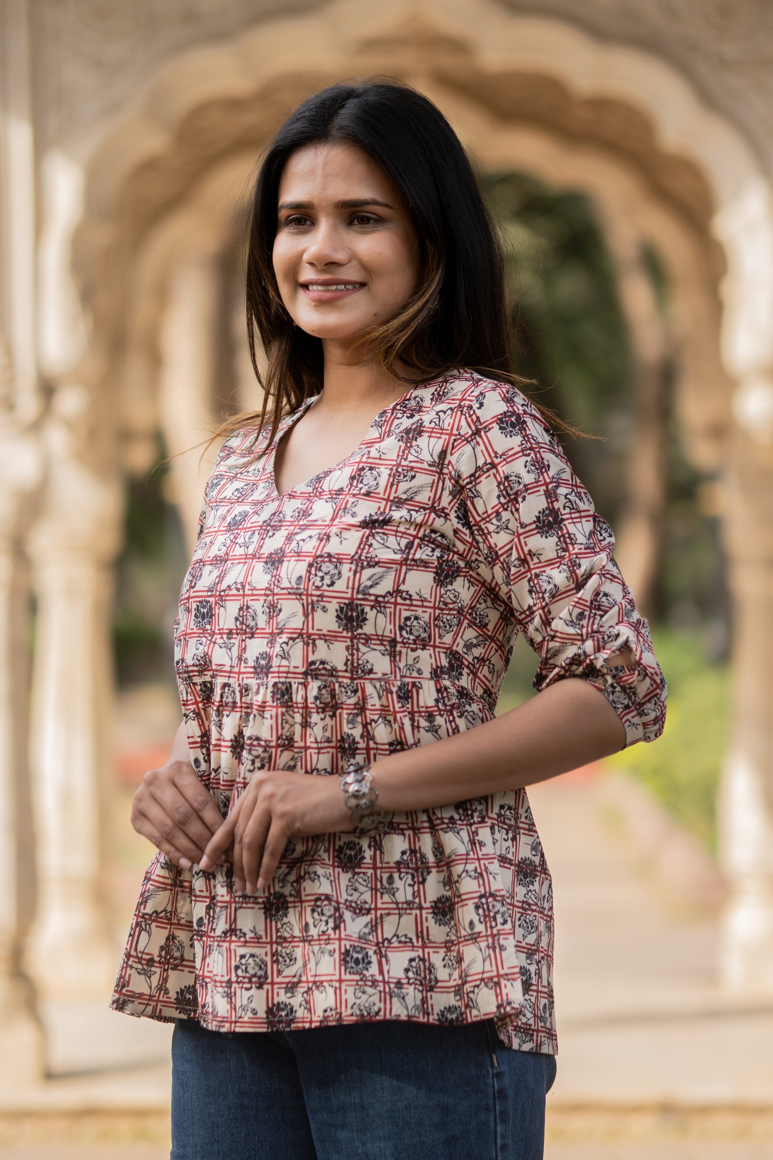 Multi Flared Cotton Printed Short Top with Button Sleeves