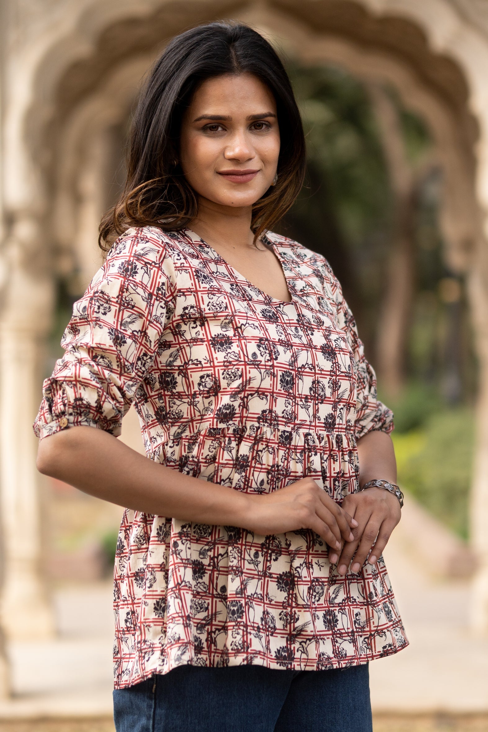 Multi Flared Cotton Printed Short Top with Button Sleeves