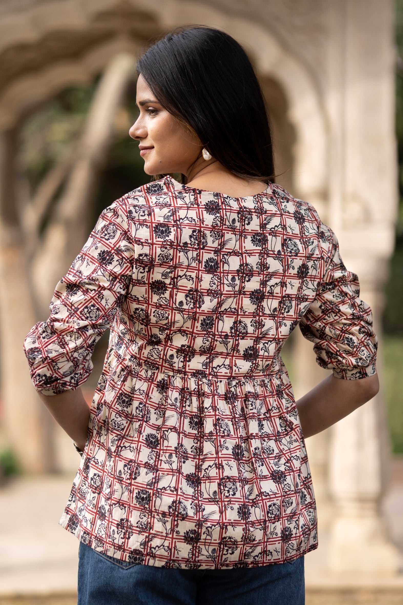 Multi Flared Cotton Printed Short Top with Button Sleeves