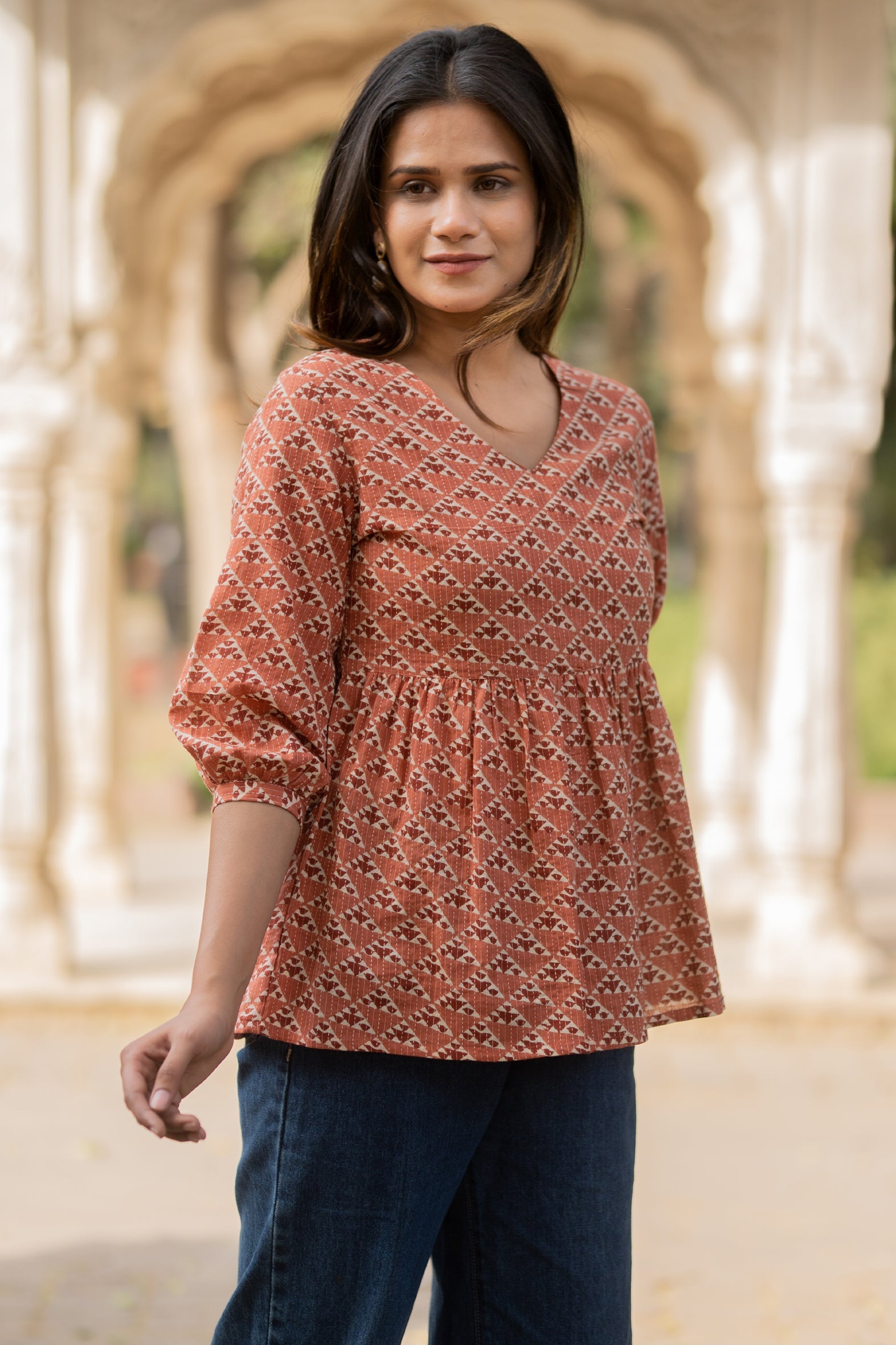 Peach Flared Cotton Printed Short Top with Button Sleeves