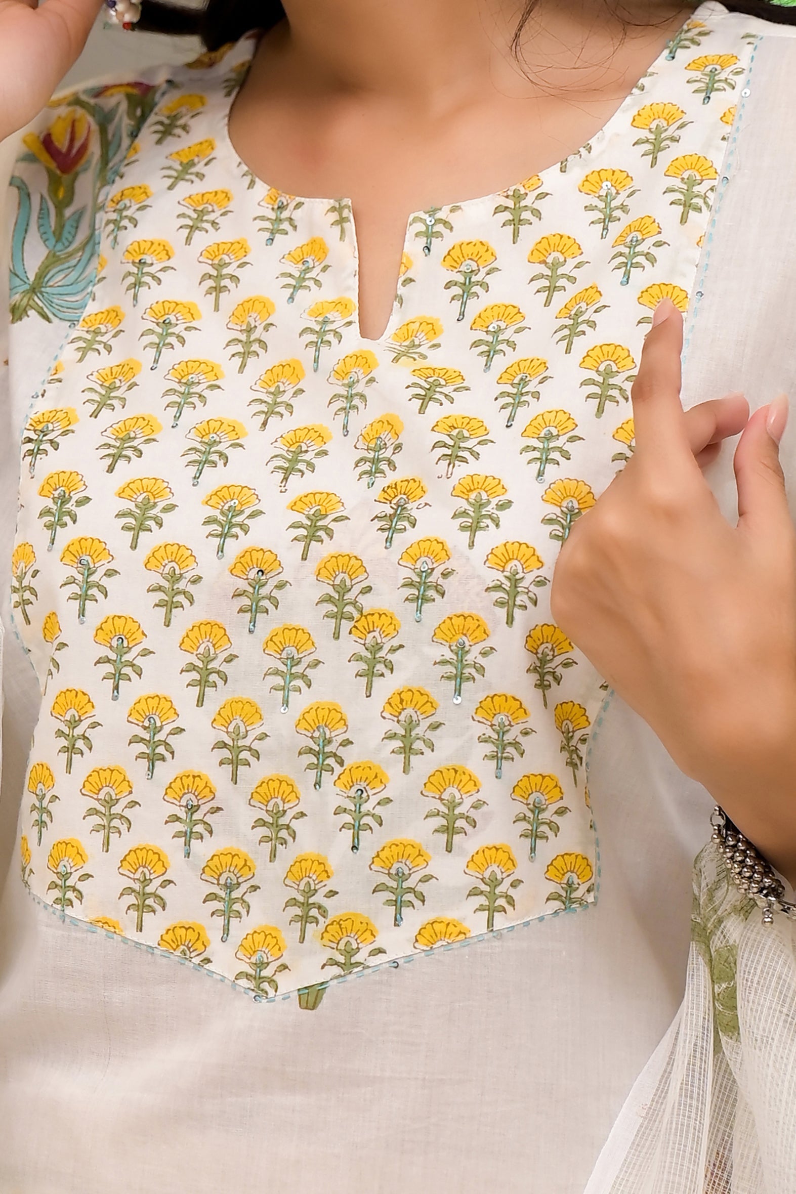 White & Yellow Mughal Floral Block Print Kurta Pant Kota Doria Dupatta