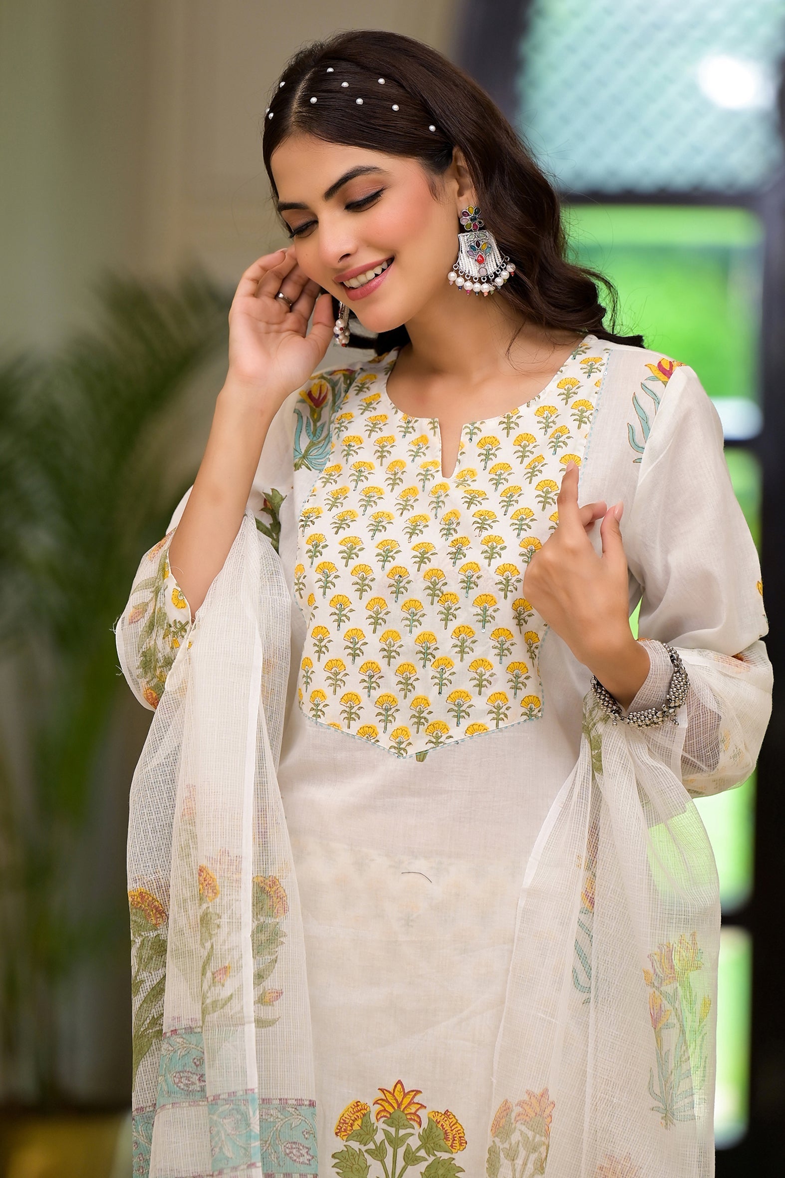 White & Yellow Mughal Floral Block Print Kurta Pant Kota Doria Dupatta