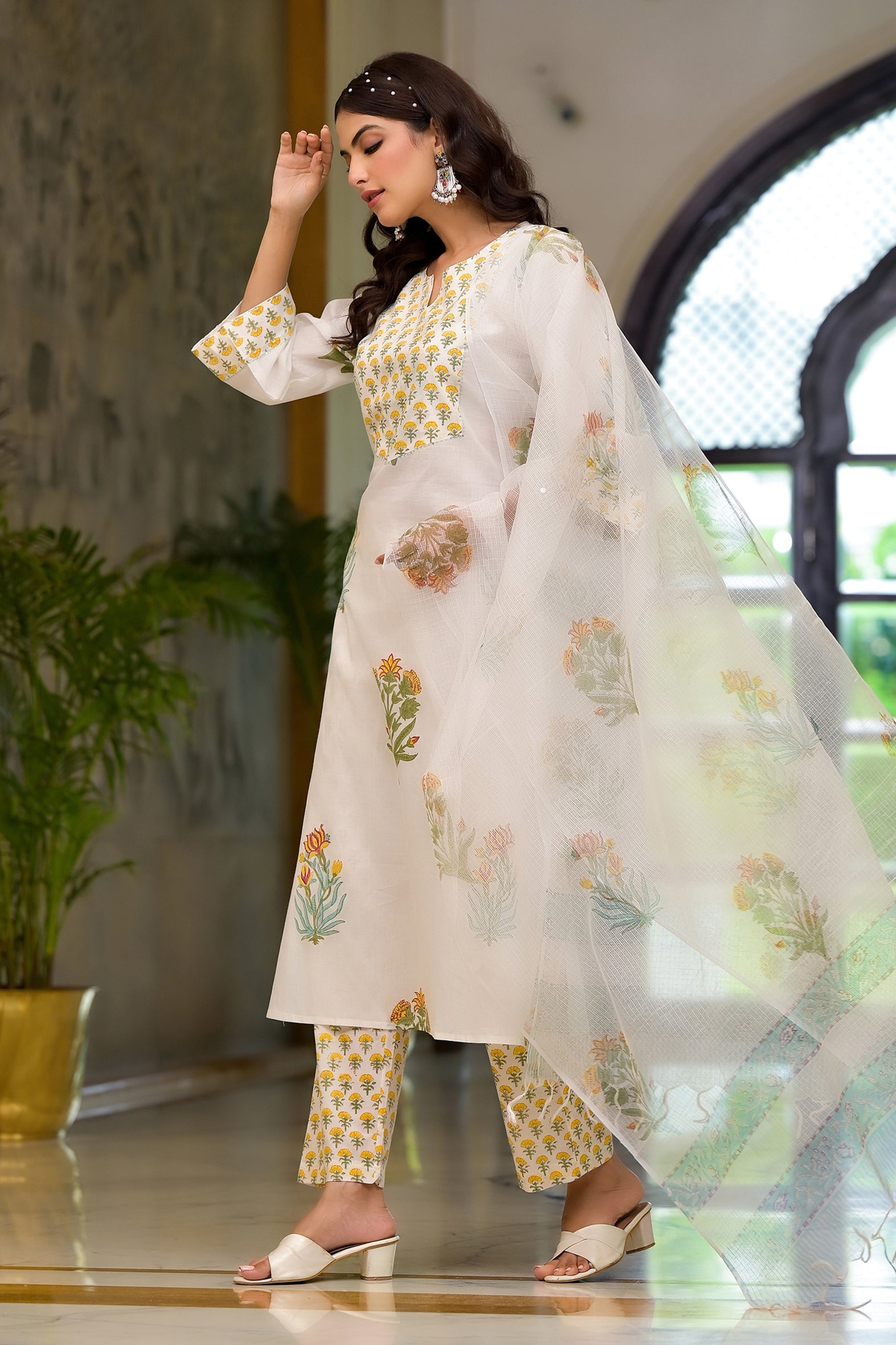 White & Yellow Mughal Floral Block Print Kurta Pant Kota Doria Dupatta