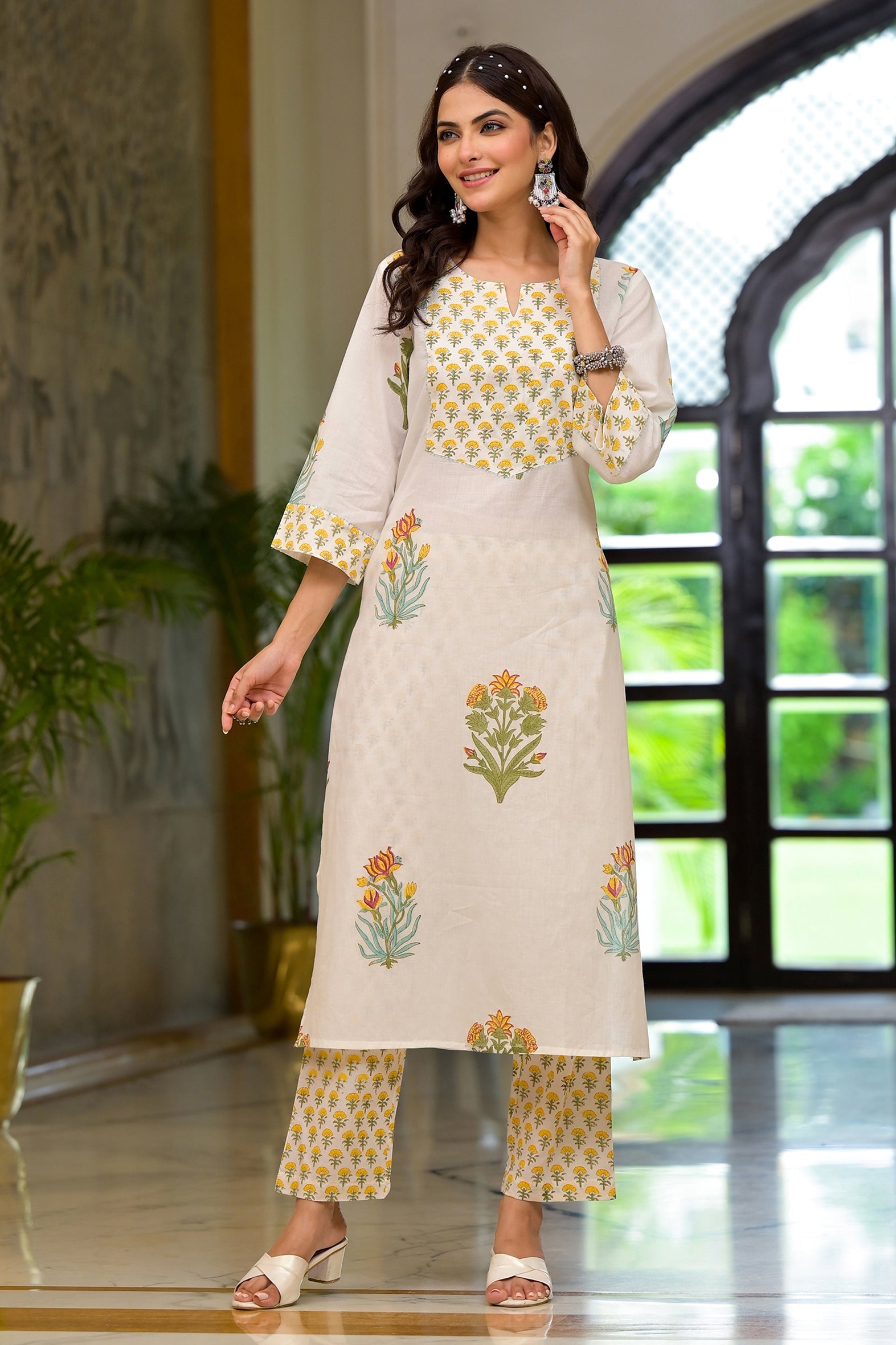 White & Yellow Mughal Floral Block Print Kurta Pant Kota Doria Dupatta