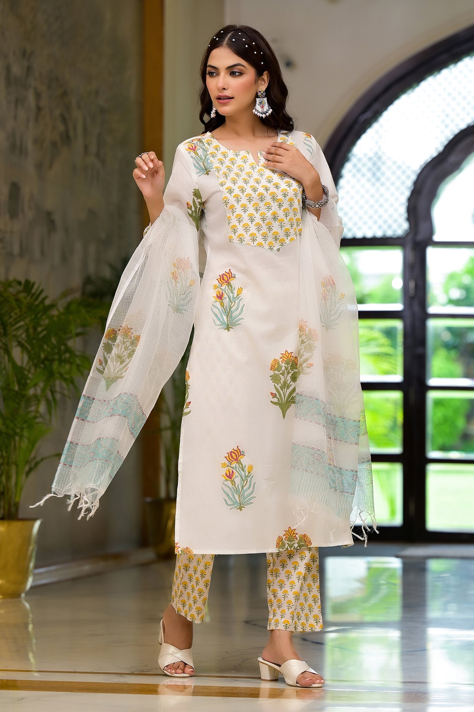 White & Yellow Mughal Floral Block Print Kurta Pant Kota Doria Dupatta