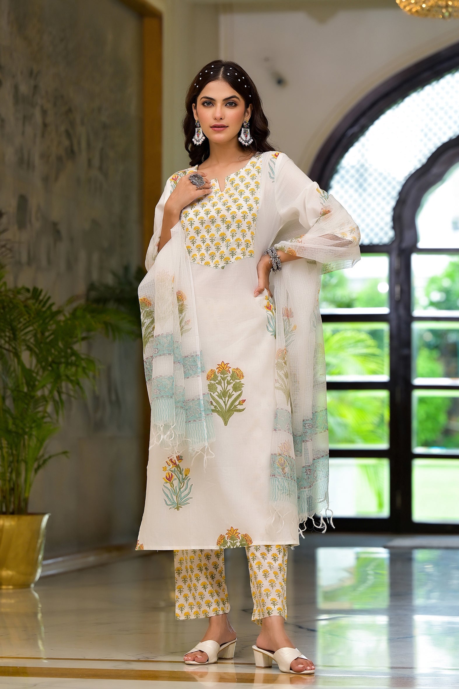 White & Yellow Mughal Floral Block Print Kurta Pant Kota Doria Dupatta